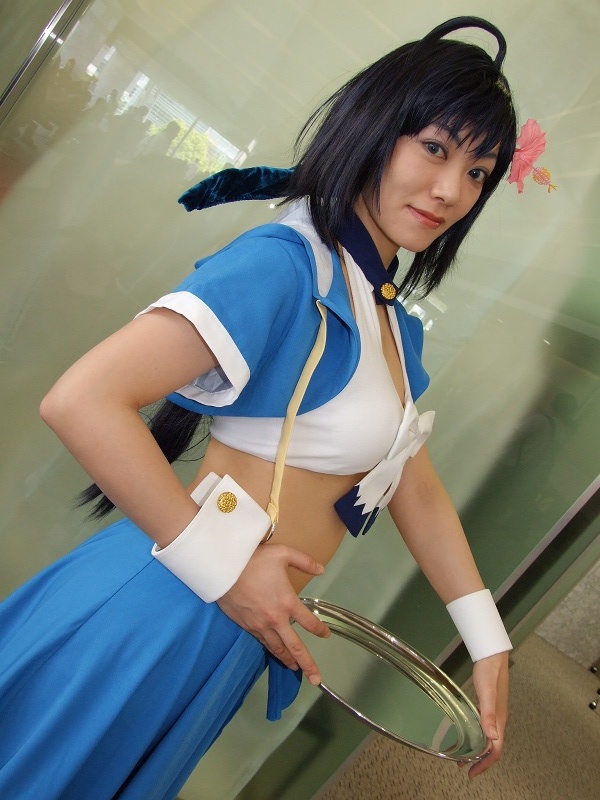 shake, kinoshita takako, pia carrot (series), pia carrot e youkoso!!, pia carrot e youkoso!! 3, photo (medium), ahoge, bow, cosplay, flower, hair flower, hair ornament, midriff, tray