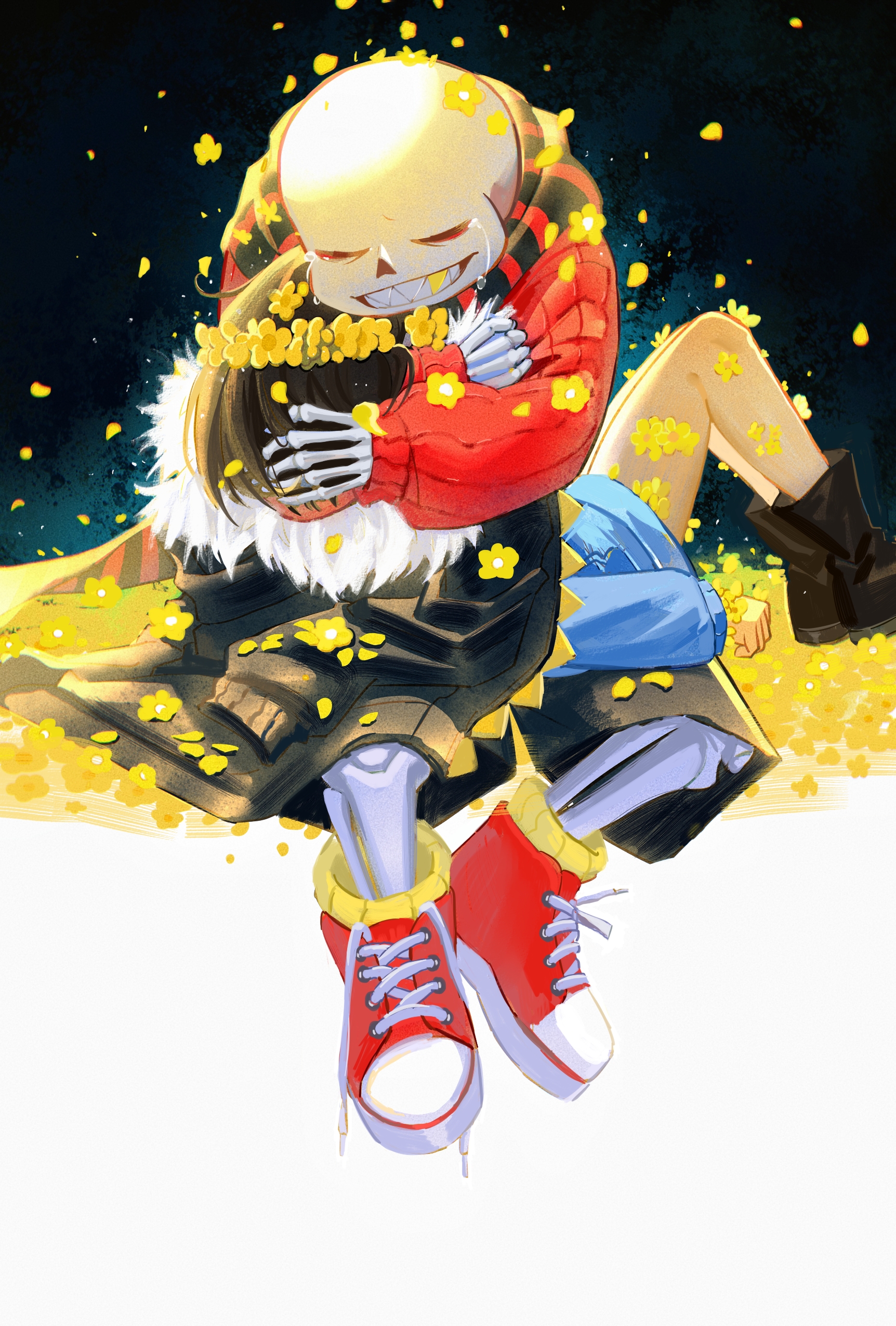 hanbaobaobaozhu, frisk (undertale), sans (undertale), flowerfell, undertale, utdr (toby fox), absurdres, chinese commentary, commentary, commentary request, english commentary, highres, mixed-language commentary, 1boy, 1other, :d, alternate universe, ankle boots, bare legs, black background, black boots, black jacket, black scarf, black shorts, blue sweater, boots, brown hair, closed eyes, crying, falling petals, field, film grain, flower, flower field, flower wreath, full body, grin, head wreath, hug, jacket, jacket on shoulders, knees up, long sleeves, open mouth, petals, puffy long sleeves, puffy sleeves, red scarf, red shoes, red sweater, ribbed sweater, scarf, sharp teeth, shoelaces, shoes, short hair, shorts, simple background, sitting, sitting on lap, sitting on person, skeleton, smile, striped clothes, striped scarf, sweater, teeth, two-tone background, two-tone scarf, u u, untied shoelaces, white background, yellow flower, yellow petals