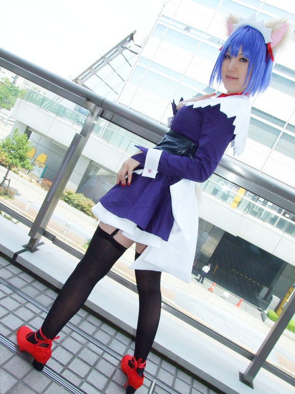 yuriya, kokubunji koyori, nurse witch komugi-chan, photo (medium), animal ears, blue hair, cat ears, cosplay, garter belt, hair ribbon, ribbon, thighhighs