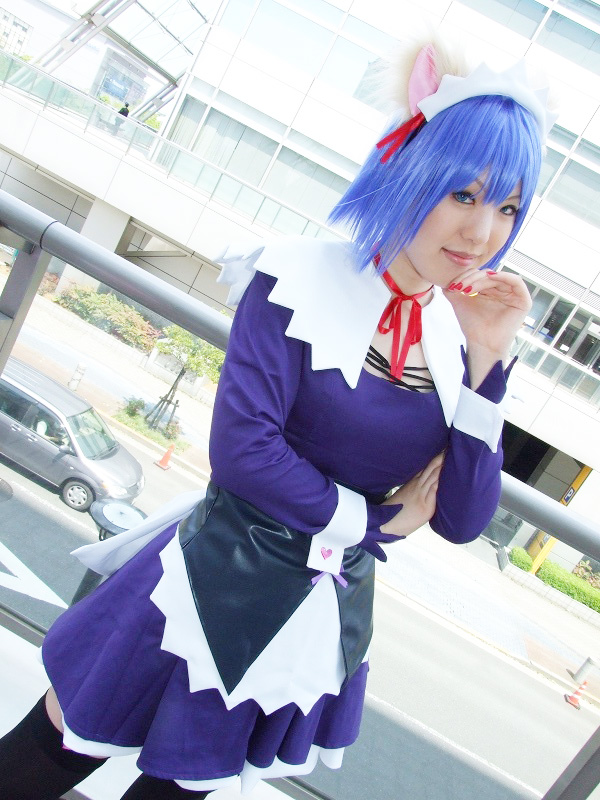 yuriya, kokubunji koyori, nurse witch komugi-chan, photo (medium), animal ears, blue hair, cat ears, cosplay, garter belt, hair ribbon, ribbon, thighhighs