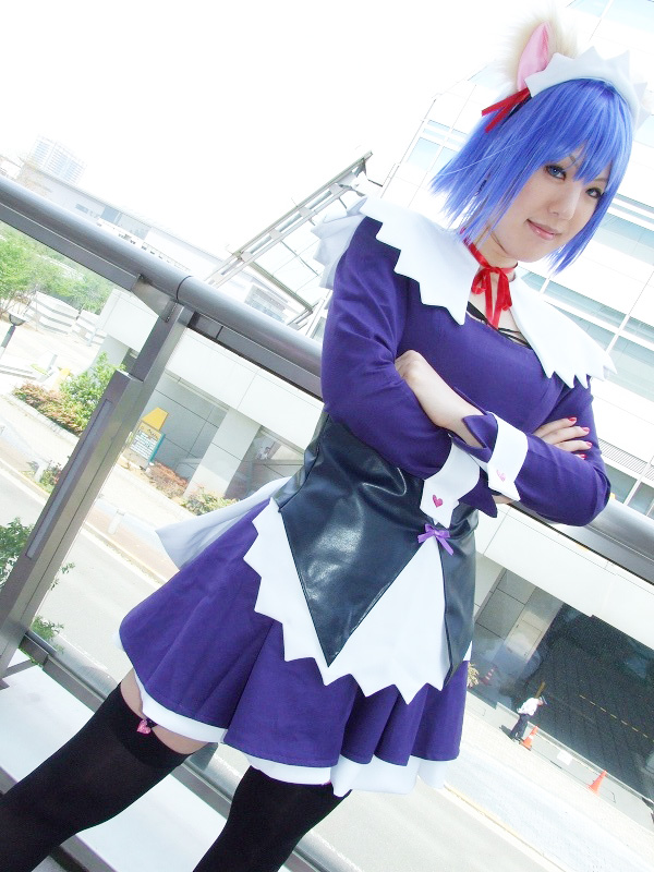 yuriya, kokubunji koyori, nurse witch komugi-chan, photo (medium), animal ears, blue hair, cat ears, cosplay, garter belt, hair ribbon, ribbon, thighhighs