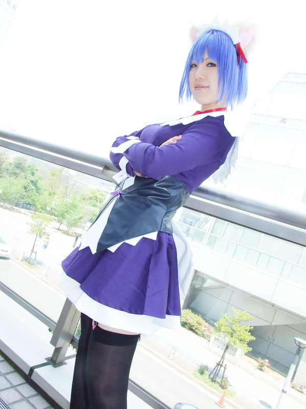 yuriya, kokubunji koyori, nurse witch komugi-chan, photo (medium), animal ears, blue hair, cat ears, cosplay, garter belt, hair ribbon, ribbon, thighhighs