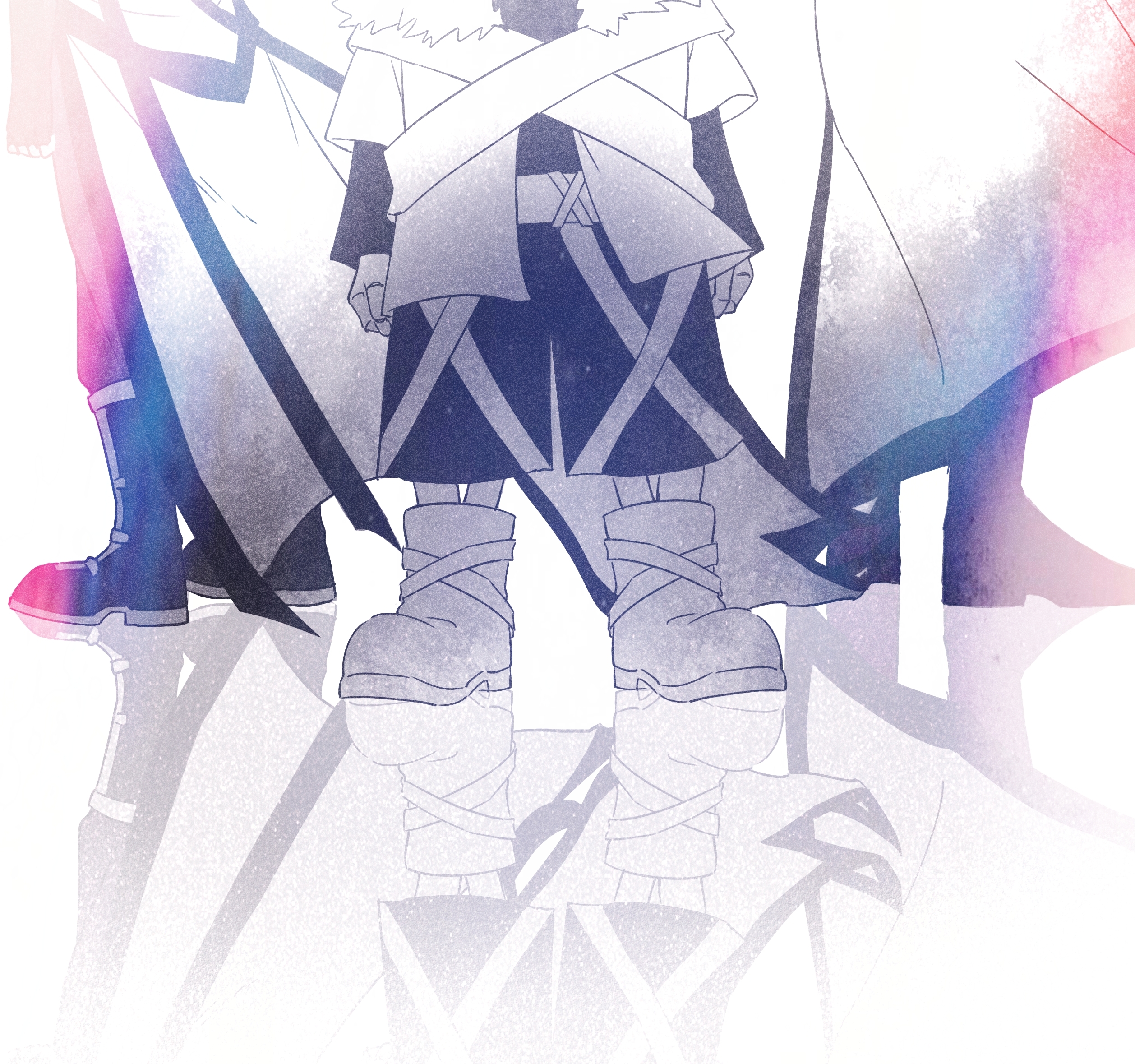 hanbaobaobaozhu, chara (undertale), frisk (undertale), sans (undertale), undertale, utdr (toby fox), xtale, chinese commentary, commentary request, highres, 3boys, alternate universe, arms at sides, back-to-back, belt, bloom, boots, brothers, cape, elbow gloves, film grain, fingerless gloves, fur-trimmed jacket, fur trim, gloves, greyscale, head out of frame, high heel boots, high heels, jacket, knee boots, layered sleeves, long sleeves, male focus, monochrome, multiple boys, pants, reflective floor, short-sleeved jacket, short over long sleeves, short sleeves, shorts, siblings, simple background, standing, white background