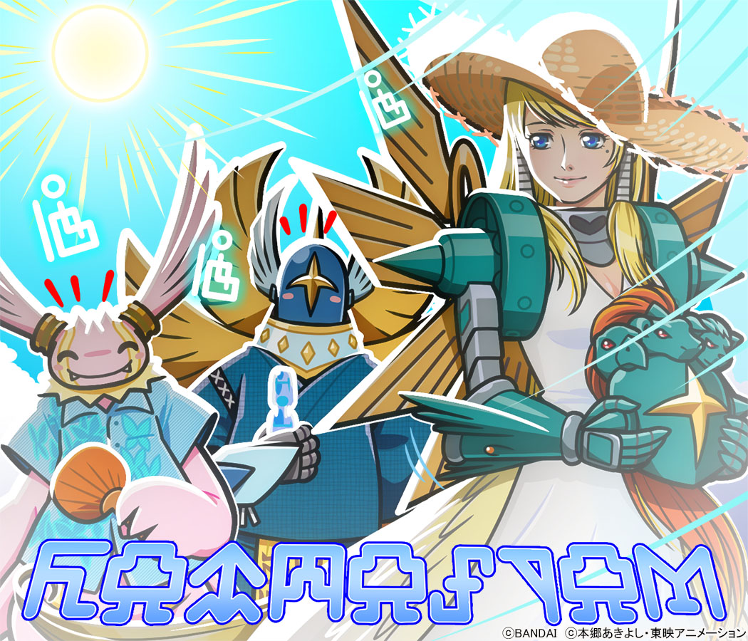 cherubimon, cherubimon (virtue), ofanimon, seraphim (one piece), seraphimon, digimon, official art, partially translated, translation request, 1girl, 2boys, alternate costume, angel, blonde hair, blue eyes, blue helmet, blue shirt, breasts, cleavage, cowboy shot, digimoji, digimon (creature), dress, green helmet, helmet, holding, holding unworn helmet, long hair, mole, mole under eye, multiple boys, shirt, sun, sunlight, unworn headwear, unworn helmet, white dress