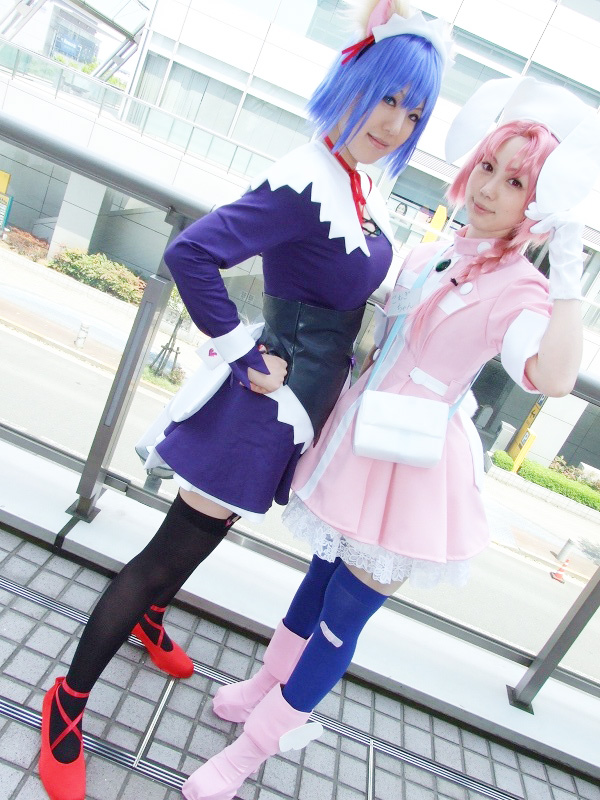 hirano kurita, yuriya, kokubunji koyori, nakahara komugi, nurse witch komugi-chan, photo (medium), animal ears, blue hair, boots, braid, cat ears, cosplay, garter belt, gloves, hair ribbon, nurse, pink hair, rabbit ears, ribbon, thighhighs