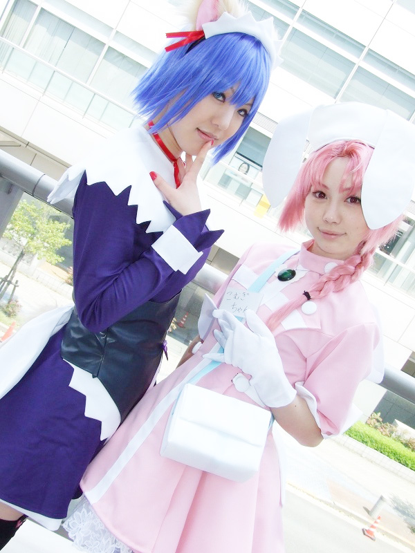 hirano kurita, yuriya, kokubunji koyori, nakahara komugi, nurse witch komugi-chan, photo (medium), animal ears, blue hair, boots, braid, cat ears, cosplay, gloves, hair ribbon, nurse, pink hair, rabbit ears, ribbon, thighhighs