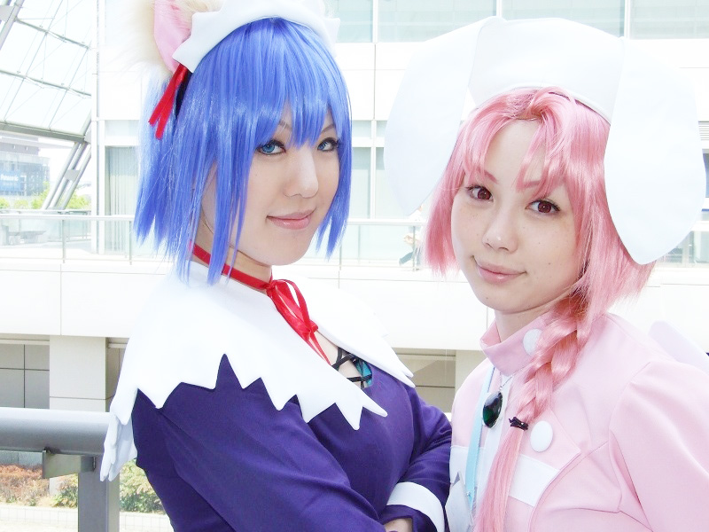 hirano kurita, yuriya, kokubunji koyori, nakahara komugi, nurse witch komugi-chan, photo (medium), animal ears, blue hair, boots, braid, cat ears, cosplay, gloves, hair ribbon, nurse, pink hair, rabbit ears, ribbon, thighhighs