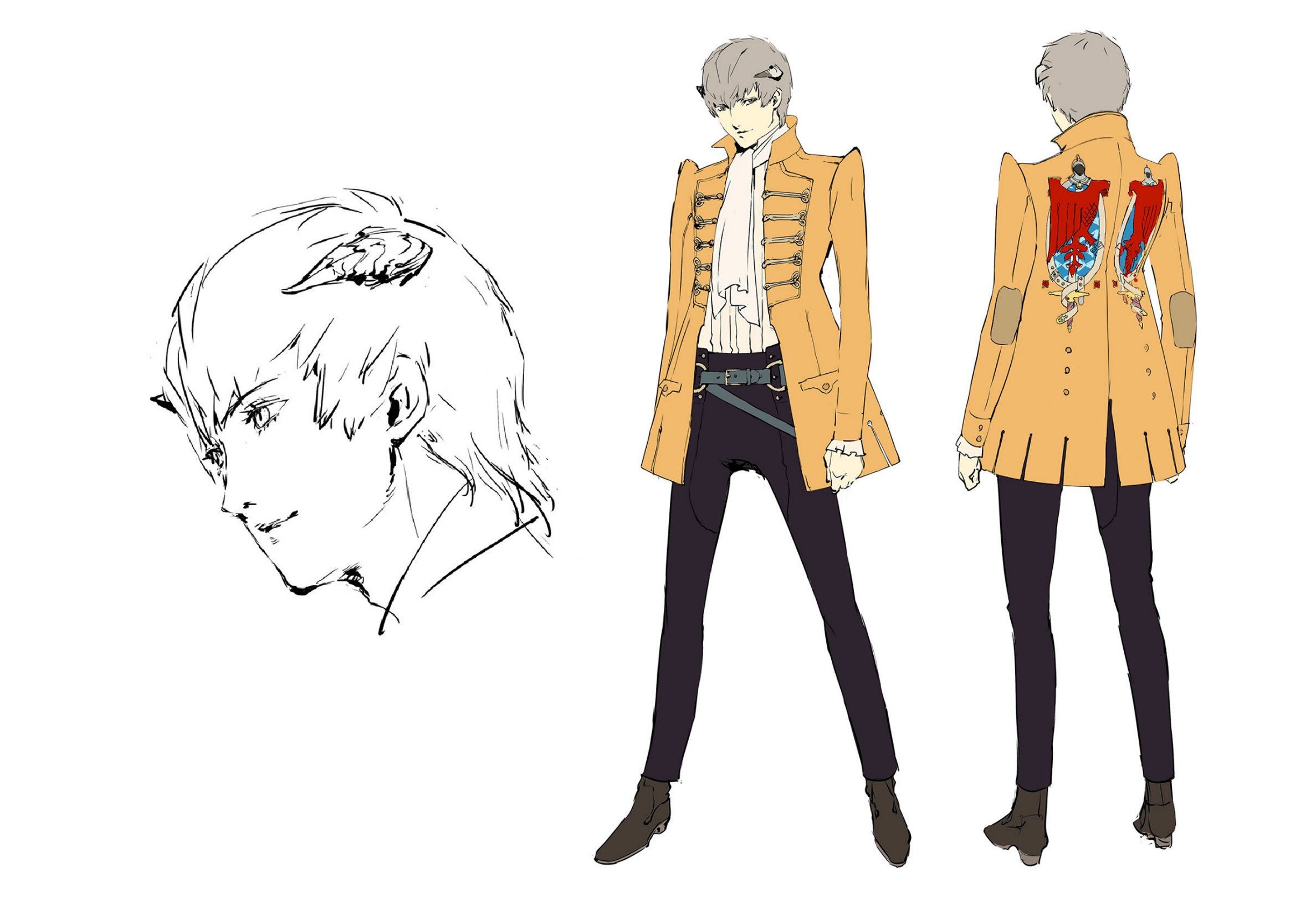 soejima shigenori, strohl (metaphor: refantazio), metaphor: refantazio, highres, official art, 1boy, ascot, belt, black horns, black pants, collared coat, emblem, frilled sleeves, frills, full body, grey hair, horns, jacket, male focus, open clothes, open jacket, pants, scarf, shirt, shoes, short hair, solo, white ascot, white background, white scarf, white shirt, yellow eyes, yellow jacket