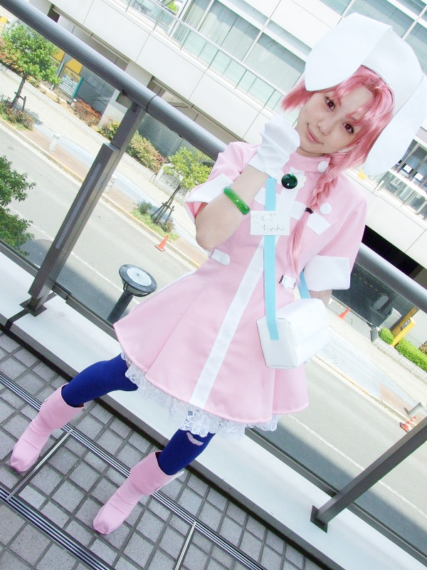 hirano kurita, nakahara komugi, nurse witch komugi-chan, photo (medium), animal ears, boots, braid, cosplay, gloves, nurse, pink hair, rabbit ears, thighhighs