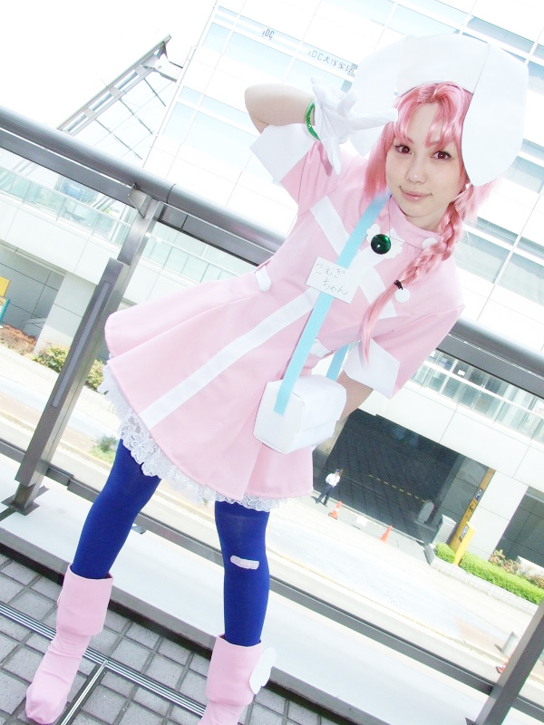 hirano kurita, nakahara komugi, nurse witch komugi-chan, photo (medium), animal ears, bandaid, boots, braid, cosplay, gloves, nurse, pink hair, rabbit ears, thighhighs