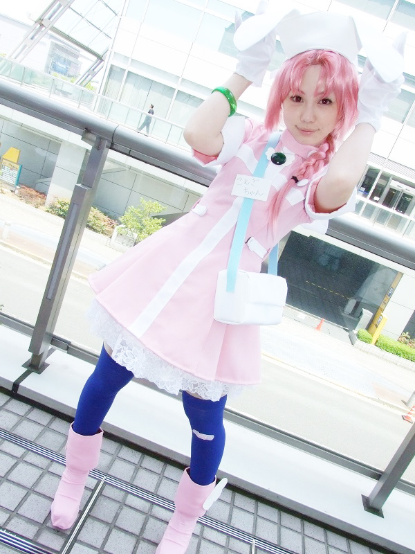 hirano kurita, nakahara komugi, nurse witch komugi-chan, photo (medium), animal ears, bandaid, boots, braid, cosplay, gloves, nurse, pink hair, rabbit ears, thighhighs