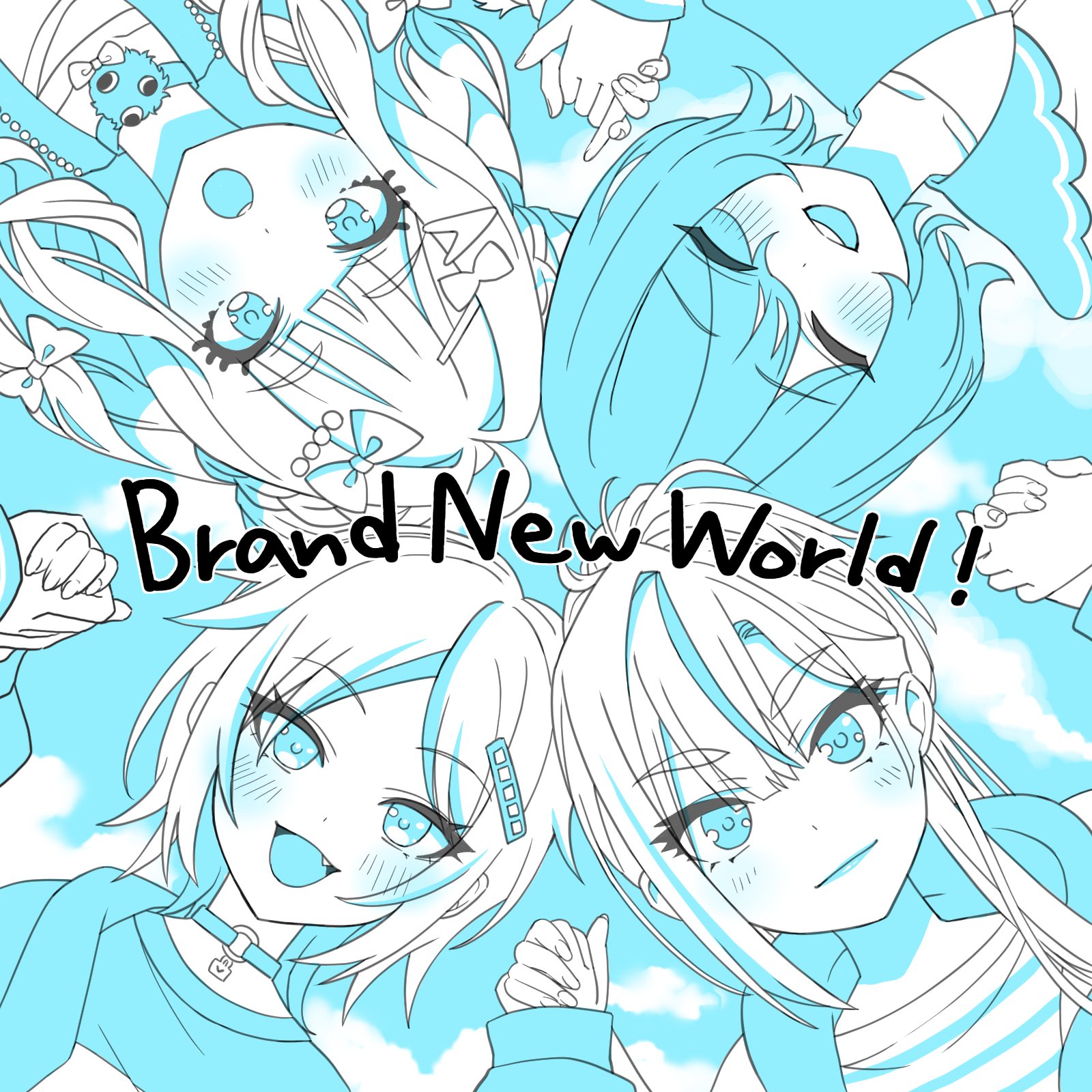 highres, official art, translation request, 4girls, blue theme, bow, bun with braided base, choker, close-up, closed mouth, double bun, english text, eyes visible through hair, fang, hair bow, hair bun, hair ornament, hair over one eye, hairpin, hand grab, high ponytail, kazamatsuri asahi, komurasaki momoka, laugh diamond, long hair, monochrome, multiple girls, open mouth, ponytail, shirt, short hair, smile, striped clothes, striped shirt, takamura hibiki, teeth, twintails, upper teeth only, yamada kanon
