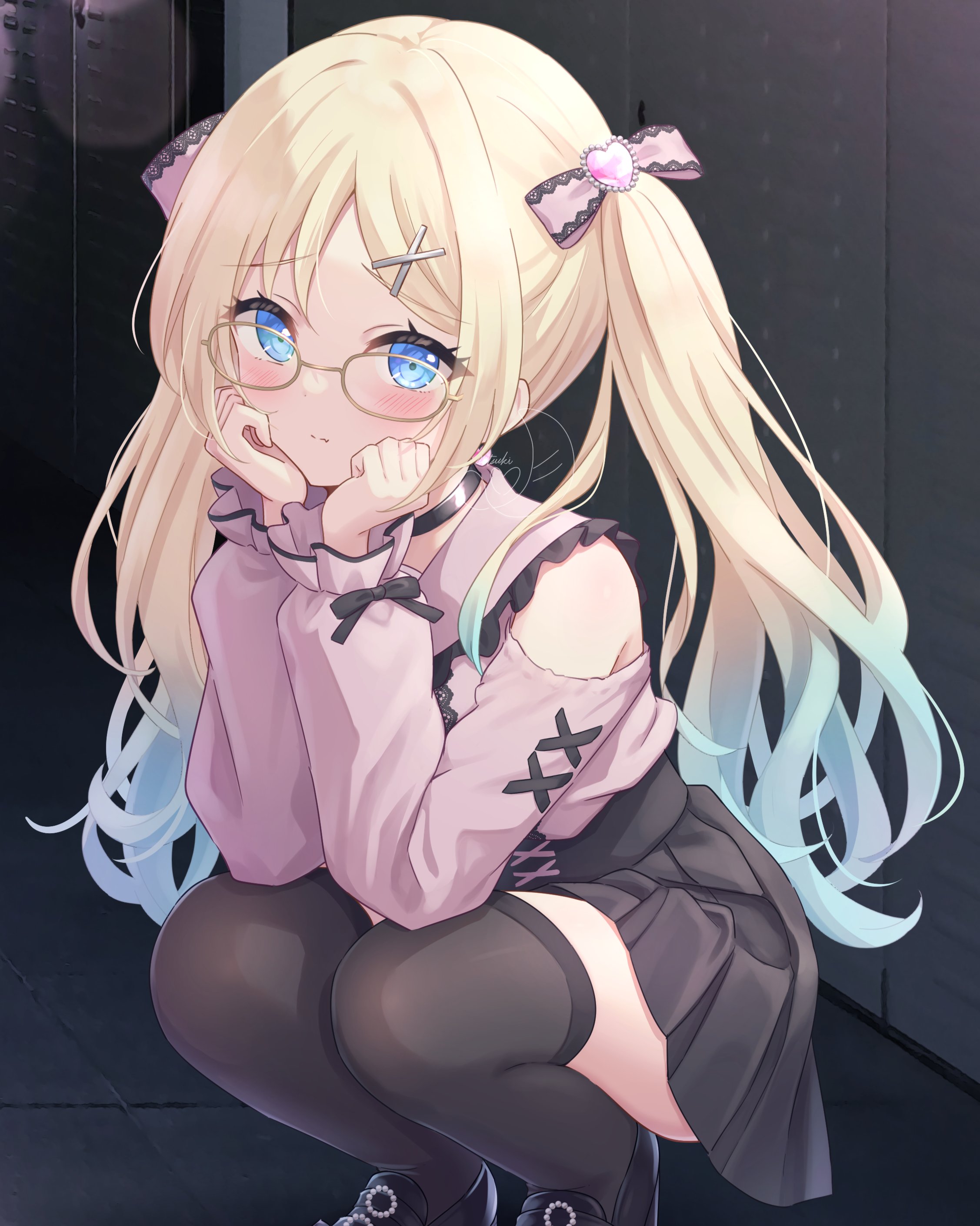 hanazora satsuki, osawa rurino, link! like! love live!, love live!, absurdres, commentary, hashtag-only commentary, highres, 1girl, alternate costume, armpit crease, bare shoulders, black choker, black shoes, black skirt, black thighhighs, blonde hair, blue eyes, blue hair, blush, choker, closed mouth, clothing cutout, collared shirt, frilled shirt collar, frills, glasses, gradient hair, hair ornament, heart, heart hair ornament, high-waist skirt, jirai kei, loafers, long hair, long sleeves, looking at viewer, miniskirt, multicolored hair, parted bangs, pink shirt, pleated skirt, puffy long sleeves, puffy sleeves, shirt, shoes, shoulder cutout, skirt, solo, split mouth, squatting, thighhighs, very long hair, virtual youtuber, x hair ornament, yellow-framed eyewear, zettai ryouiki