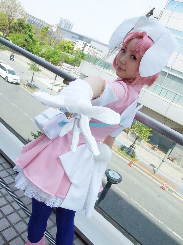 hirano kurita, nakahara komugi, nurse witch komugi-chan, photo (medium), animal ears, boots, braid, cosplay, gloves, nurse, pink hair, rabbit ears, thighhighs