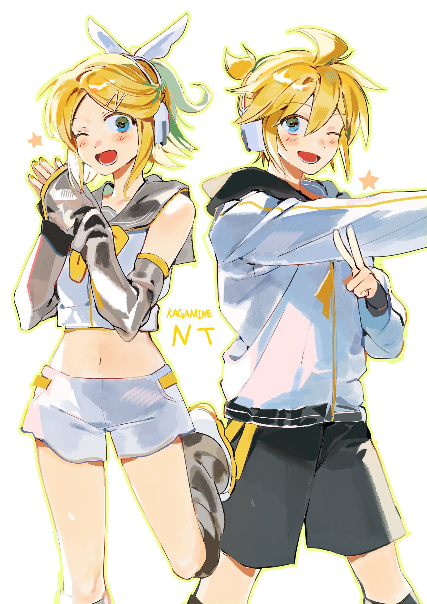 samsap, kagamine len, kagamine rin, piapro studio, vocaloid, highres, 1boy, 1girl, ;d, bare shoulders, black sailor collar, black shorts, blonde hair, blue eyes, blush, bow, bowtie, brother and sister, character name, crop top, detached sleeves, grey sailor collar, grey sleeves, hair bow, hair ornament, hairclip, headphones, hood, hoodie, jacket, kagamine len (nt), kagamine rin (nt), leg up, leg warmers, looking at viewer, midriff, nail polish, navel, one eye closed, open mouth, own hands together, ponytail, sailor collar, shirt, short hair, short ponytail, short shorts, shorts, siblings, sleeveless, sleeveless shirt, smile, standing, standing on one leg, star (symbol), twins, v, white background, white bow, white shirt, white shorts, yellow nails