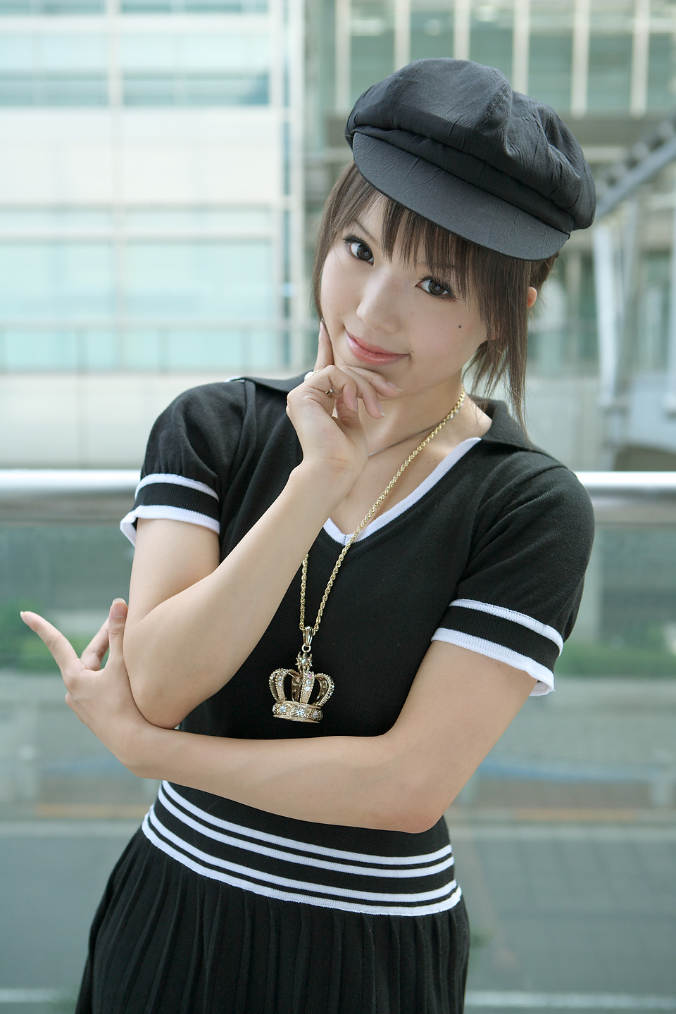 kipi-san, highres, photo (medium), 1girl, asian, brown eyes, brown hair, crown, female focus, hat, jewelry, necklace, ring, short hair, smile, solo