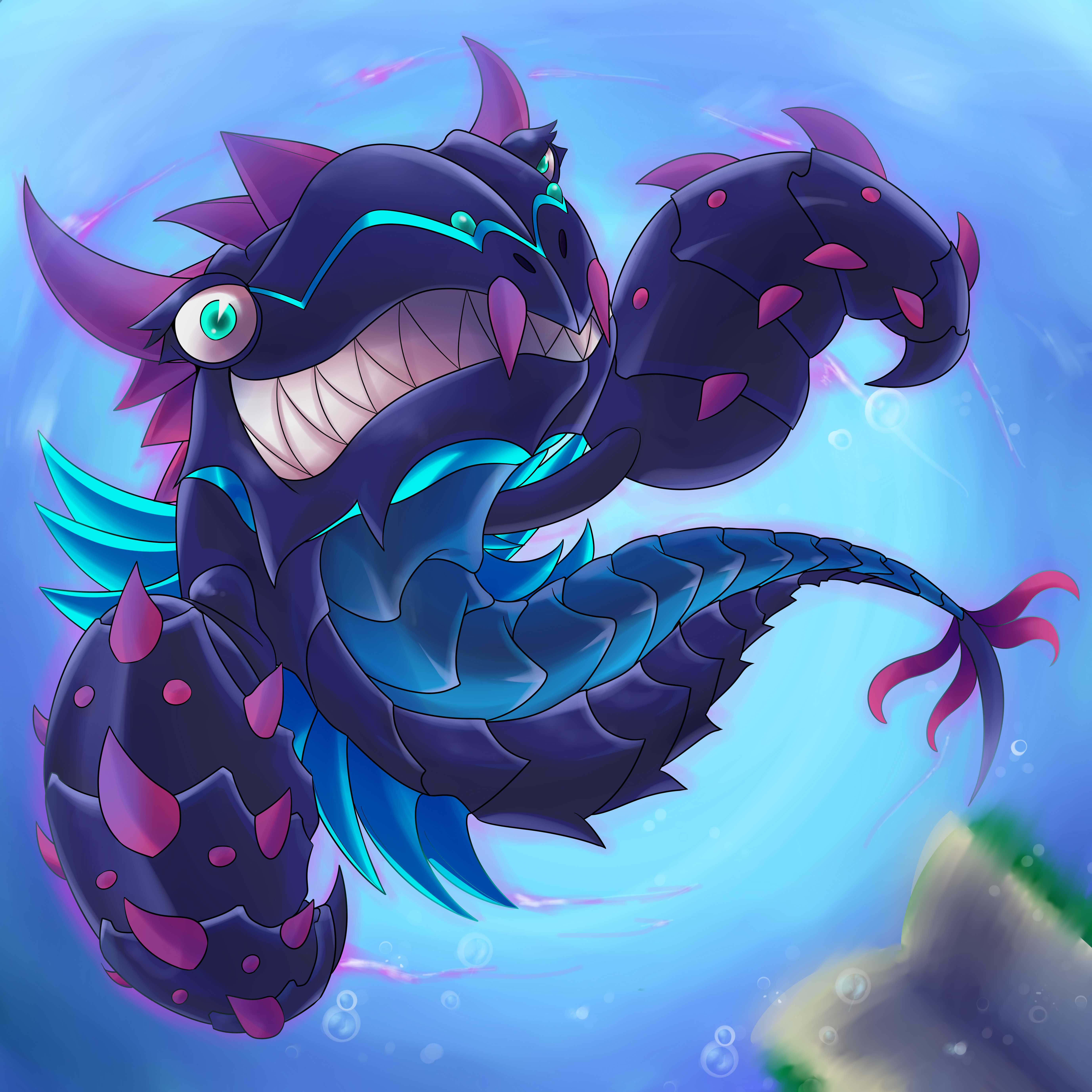comic hand, toon world, yu-gi-oh!, absurdres, highres, animal focus, blue eyes, blurry, blurry background, duel monster, fins, fish, grin, horns, no humans, paleozoic anomalocaris, sharp teeth, smile, teeth, toon (style), toon monster