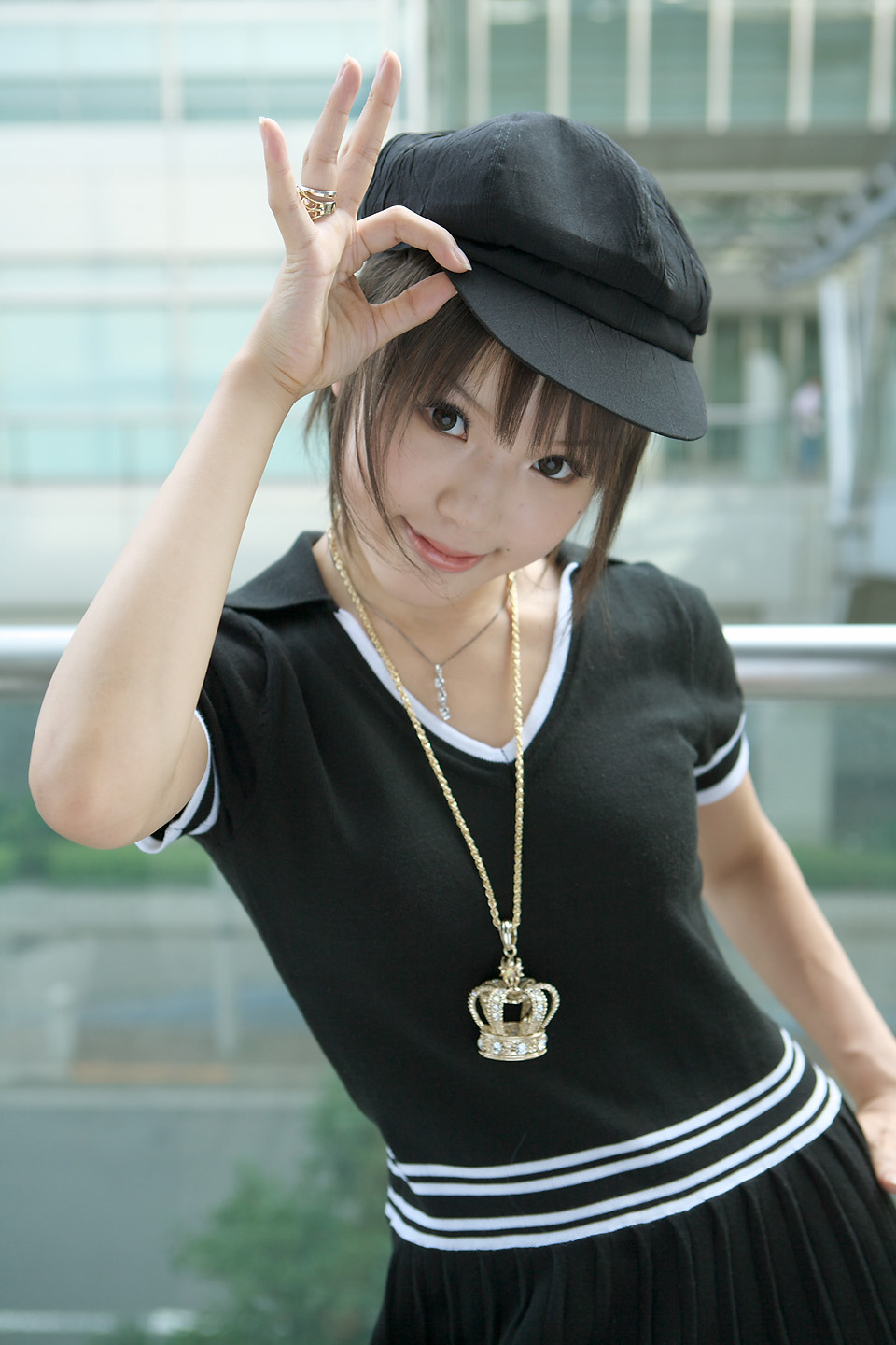 kipi-san, highres, photo (medium), 1girl, asian, brown eyes, brown hair, crown, female focus, hat, jewelry, necklace, ring, short hair, smile, solo