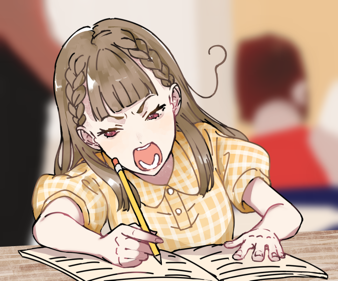 yoruneko yashiro, kachimachi kosuzu, link! like! love live!, love live!, commentary, 1girl, braid, brown hair, center-flap bangs, collared shirt, gingham shirt, holding, holding pencil, i fucking love coloring (meme), long hair, meme, notebook, official alternate costume, open mouth, pencil, pink eyes, puffy short sleeves, puffy sleeves, rounded collar, shirt, short sleeves, side ahoge, side braids, solo, v-shaped eyebrows, virtual youtuber, wooden pencil