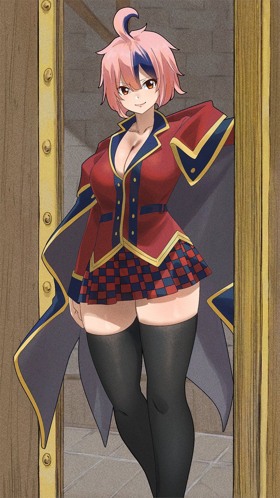 gaston18, freyr (dead rock), dead rock, highres, 1girl, ahoge, black thighhighs, blue skirt, blue streaks, breasts, brown eyes, checkered clothes, checkered skirt, cleavage, indoors, jacket, large breasts, looking at viewer, multicolored hair, pink hair, red jacket, red skirt, short hair, skirt, solo, streaked hair, thighhighs, two-tone skirt