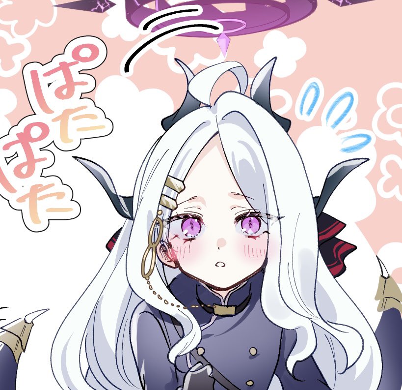 mayo taro, hina (blue archive), blue archive, commentary request, 1girl, ahoge, black gloves, black jacket, black wings, blush, demon girl, demon wings, gloves, halo, hand up, horns, jacket, long hair, looking up, low wings, multiple horns, notice lines, open mouth, parted bangs, purple eyes, purple halo, simple background, solo, upper body, very long hair, white hair, wings