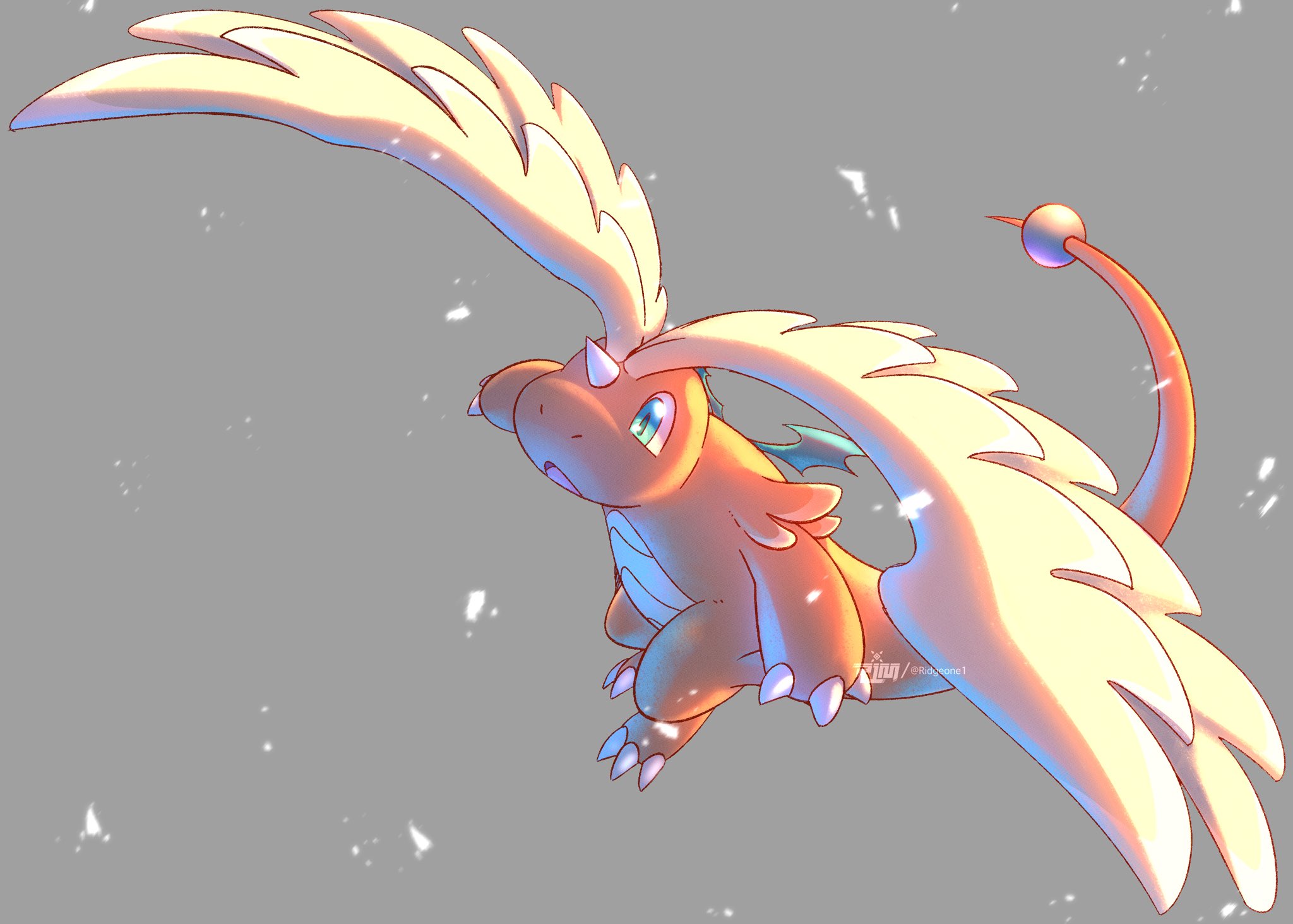 ridgeone, dragonite, mega dragonite, nintendo, pokemon, pokemon legends: z-a, highres, dragon, full body, gen 1 pokemon, grey background, head wings, horns, mega pokemon, no humans, pokemon (creature), simple background, single horn, wings