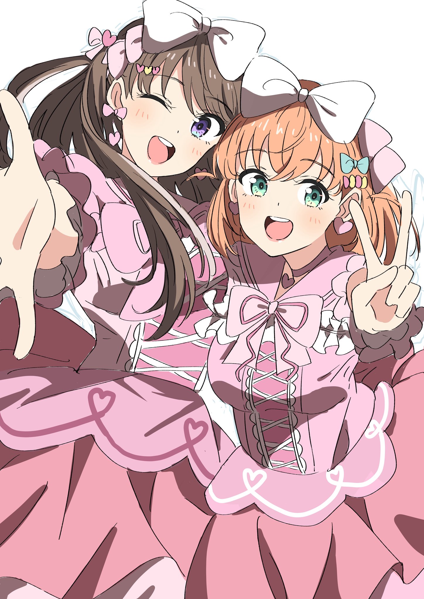 bien (djpwjd1), fujishima megumi, hinoshita kaho, link! like! love live!, love live!, highres, 2girls, :d, ;d, blue bow, bow, bow earrings, bowtie, brown hair, cowboy shot, cross-laced clothes, cross-laced dress, crossed bangs, dress, earrings, frilled dress, frills, green eyes, hair bow, hair ornament, happy shijo shugi!, heart, heart earrings, heart hair ornament, jewelry, long hair, looking at viewer, multiple girls, neck ribbon, official alternate costume, one eye closed, open hand, open mouth, orange hair, pink bow, pink bowtie, pink dress, pink ribbon, purple eyes, ribbon, short dress, short sleeves, simple background, smile, two side up, v, virtual youtuber, white background