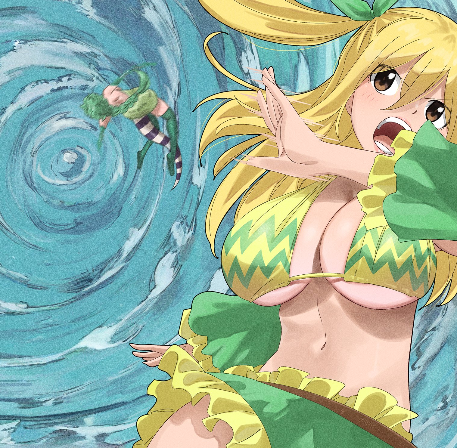 gaston18, lucy heartfilia, luso signario, fairy tail, highres, 2girls, bikini, bikini top only, black tail, blonde hair, breasts, brown eyes, detached sleeves, green bikini, green hair, green skirt, green sleeves, green thighhighs, large breasts, long hair, multicolored bikini, multiple girls, navel, official alternate costume, skirt, solo focus, striped tail, swimsuit, tail, thighhighs, two-tone bikini, two-tone tail, white tail, yellow bikini