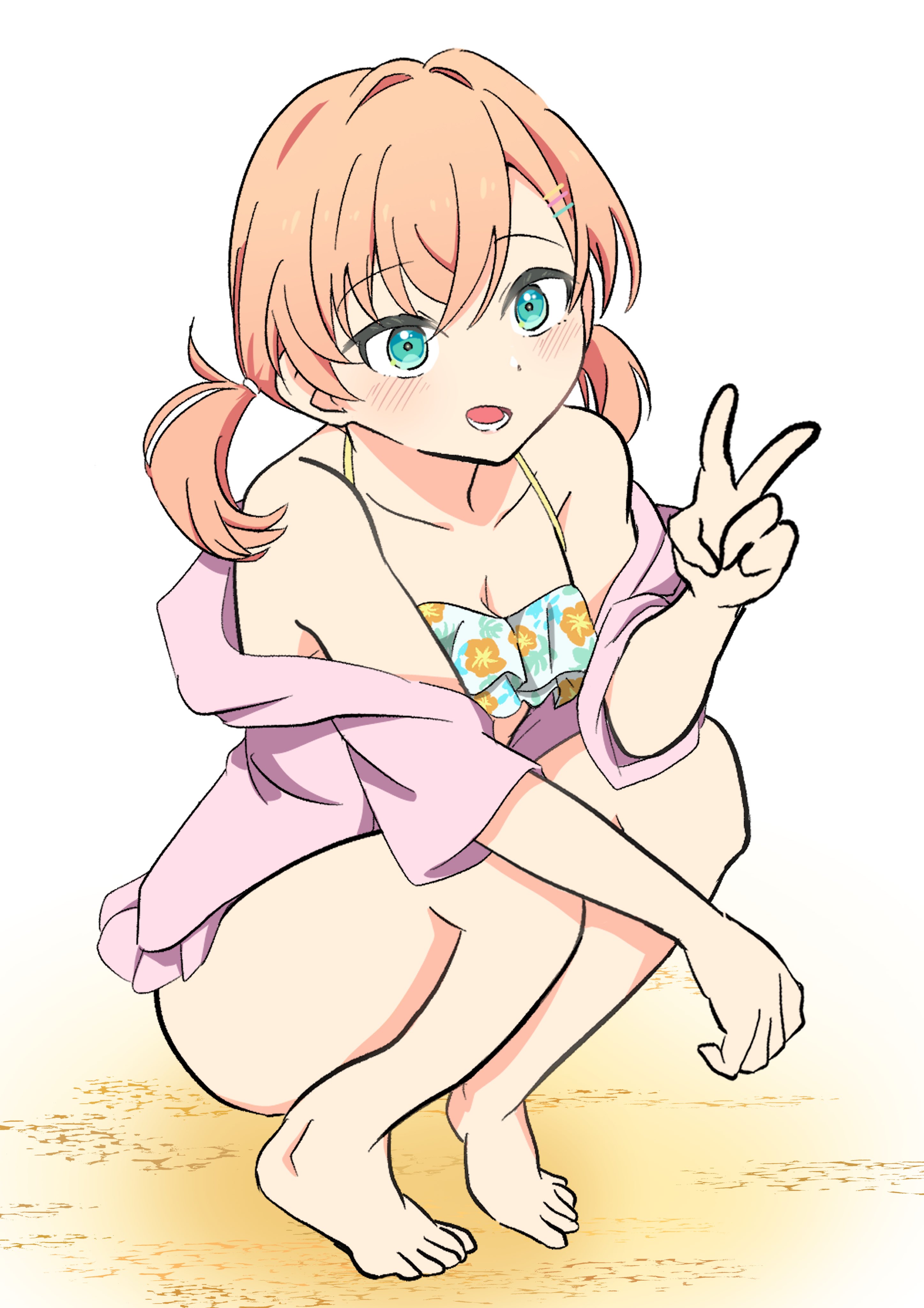 meteor2art, hinoshita kaho, hinoshita kaho (swimsuit), link! like! love live!, love live!, absurdres, commentary, highres, 1girl, aqua eyes, bare legs, bare shoulders, barefoot, bikini, breasts, cleavage, crossed bangs, full body, hair ornament, hairclip, jacket, looking at viewer, low twintails, medium breasts, medium hair, off shoulder, official alternate costume, official alternate hairstyle, open clothes, open jacket, orange hair, parallel hairclips, pink jacket, short-sleeved jacket, short sleeves, simple background, solo, squatting, string bikini, swimsuit, toes, twintails, v, virtual youtuber, white background, white bikini