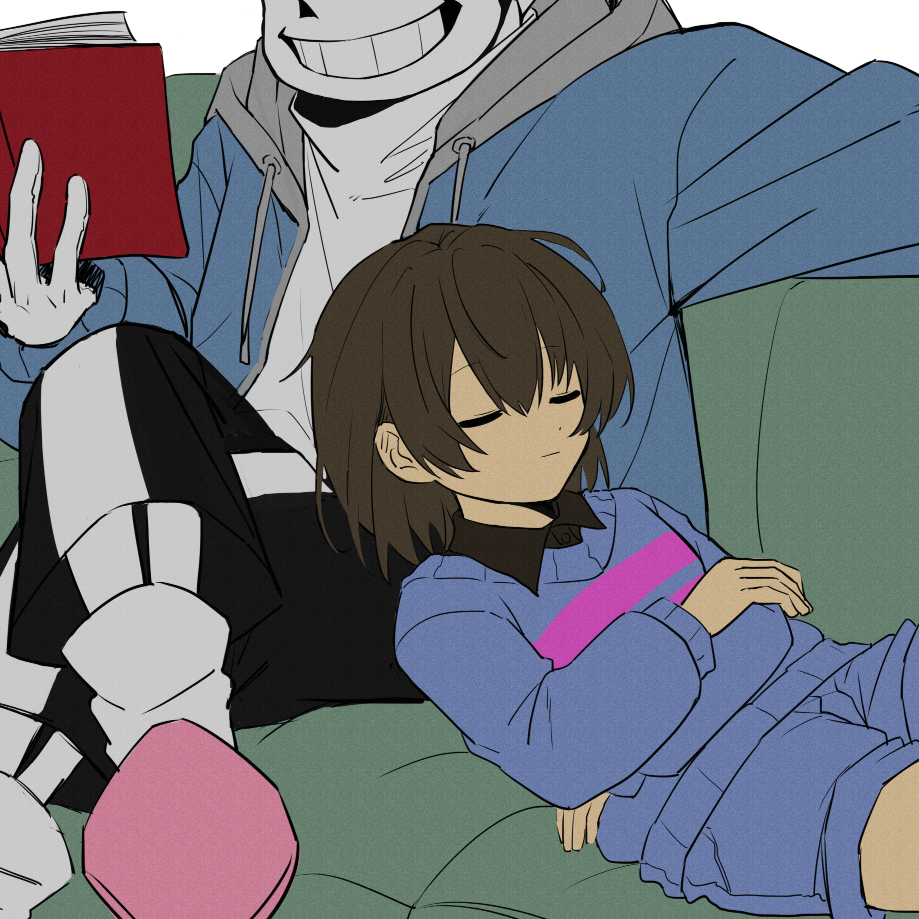 hanbaobaobaozhu, frisk (undertale), sans (undertale), undertale, utdr (toby fox), chinese commentary, commentary request, highres, 1boy, 1other, :d, ankle socks, arm rest, black pants, black shirt, blue jacket, blue shorts, blue sweater, book, brown hair, closed eyes, closed mouth, collared shirt, crossed arms, crossed legs, denim, denim shorts, double-parted bangs, drawstring, eyes out of frame, flat color, foot out of frame, gloves, grey hood, grin, hair between eyes, hand up, head out of frame, holding, holding book, hood, hood down, hooded jacket, jacket, knee up, lap pillow, long sleeves, open book, open clothes, open jacket, open mouth, pants, pink slippers, pink sweater, puffy long sleeves, puffy sleeves, shirt, short hair, shorts, simple background, single vertical stripe, skeleton, slippers, smile, socks, striped clothes, striped sweater, sweater, turtleneck, turtleneck sweater, two-tone sweater, u u, white background, white gloves, white socks, white sweater