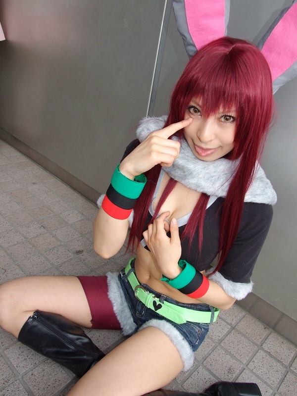 ari (model), shiwasu mina, getsumento heiki miina, photo (medium), akanbe, animal ears, boots, breasts, cleavage, cosplay, cutoffs, eyelid pull, fur trim, midriff, rabbit ears, tongue, tongue out