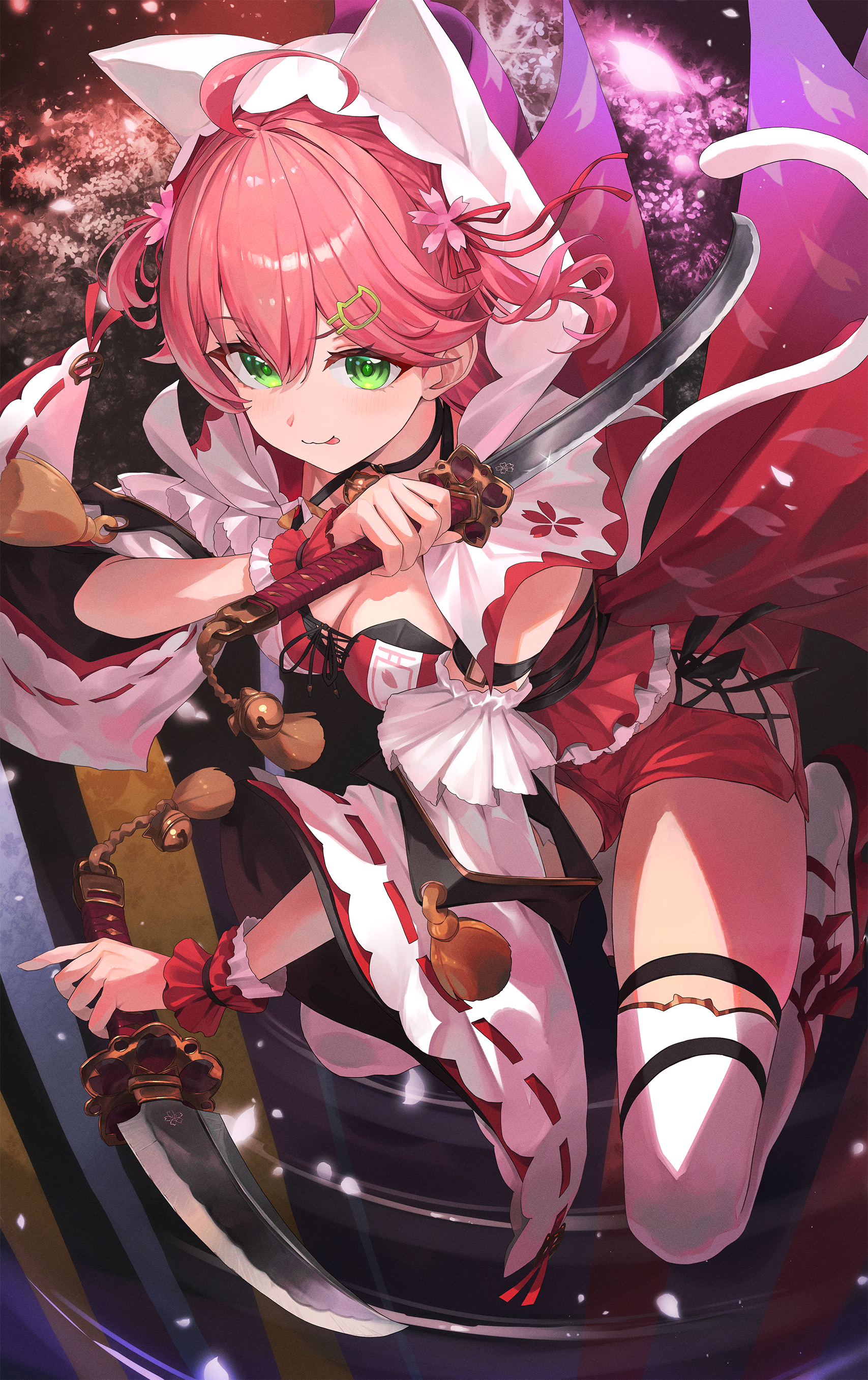 atatatatame01, sakura miko, sakura miko (work), hololive, absurdres, commentary request, highres, 1girl, :p, ahoge, animal hood, back bow, bell, black choker, boots, bow, breasts, capelet, cat hair ornament, cat hood, cat tail, cherry blossom print, choker, cleavage, clothing cutout, cross-laced clothes, cross-laced shorts, cross-laced slit, cross-laced top, double-parted bangs, dual wielding, floral print, green eyes, hair between eyes, hair ornament, hairclip, hip vent, holding, holding sword, holding weapon, hood, hood up, huge bow, jingle bell, large breasts, long sleeves, looking at viewer, medium hair, neck bell, official alternate costume, official alternate hair length, official alternate hairstyle, pink hair, red shorts, short shorts, shorts, solo, sword, tail, thigh boots, thigh strap, tongue, tongue out, two side up, virtual youtuber, weapon, white boots, white capelet, white sleeves, wide sleeves, wrist cuffs