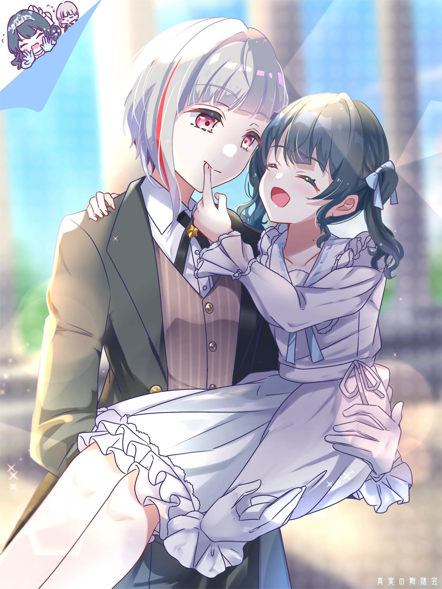 sakari (pear 8 ll), murano sayaka, murano sayaka (shinjitsu no butoukai), yugiri tsuzuri, yugiri tsuzuri (shinjitsu no butoukai), link! like! love live!, love live!, commentary, highres, 2girls, :d, ^ ^, aged down, black hair, black jacket, blue ribbon, bob cut, brown vest, butler, carrying, cheek poking, closed eyes, closed mouth, collarbone, collared shirt, crossdressing, crossdressing (ftm), dollchestra, dress, embarrassed, expressionless, female butler, frilled dress, frills, gloves, grey hair, hair ribbon, inverted bob, jacket, medium dress, medium hair, mole, mole on neck, multicolored hair, multiple girls, official alternate costume, open clothes, open jacket, open mouth, pink eyes, poking, princess, princess carry, red hair, reverse trap, ribbon, shirt, short hair, smile, streaked hair, suit jacket, tsuki makase, twintails, vest, virtual youtuber, white dress, white gloves, white shirt