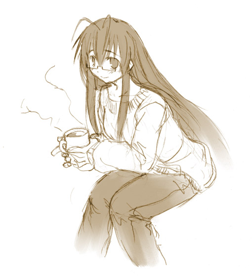 kasuga yukihito, saotome haruna, mahou sensei negima!, 00s, 1girl, antenna hair, cup, female focus, glasses, long hair, monochrome, mug, sitting, smile, solo, sweater