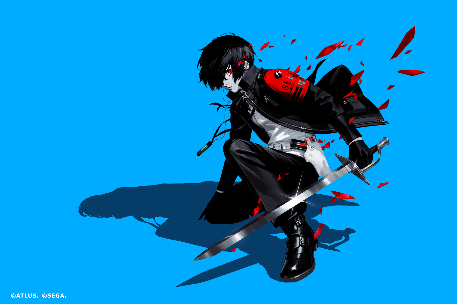 shimada azusa, yuuki makoto (persona 3), persona, persona 3, persona 3 reload, official art, 1boy, armband, black jacket, black pants, blue background, evoker, fighting stance, gekkoukan high school uniform, gun, hair over one eye, holding, holding sword, holding weapon, holster, holstered, jacket, jewelry, long sleeves, male focus, necklace, open clothes, open jacket, pants, red armband, red eyes, s.e.e.s, school uniform, shadow, shirt, shoes, simple background, solo, squatting, sword, weapon, white shirt
