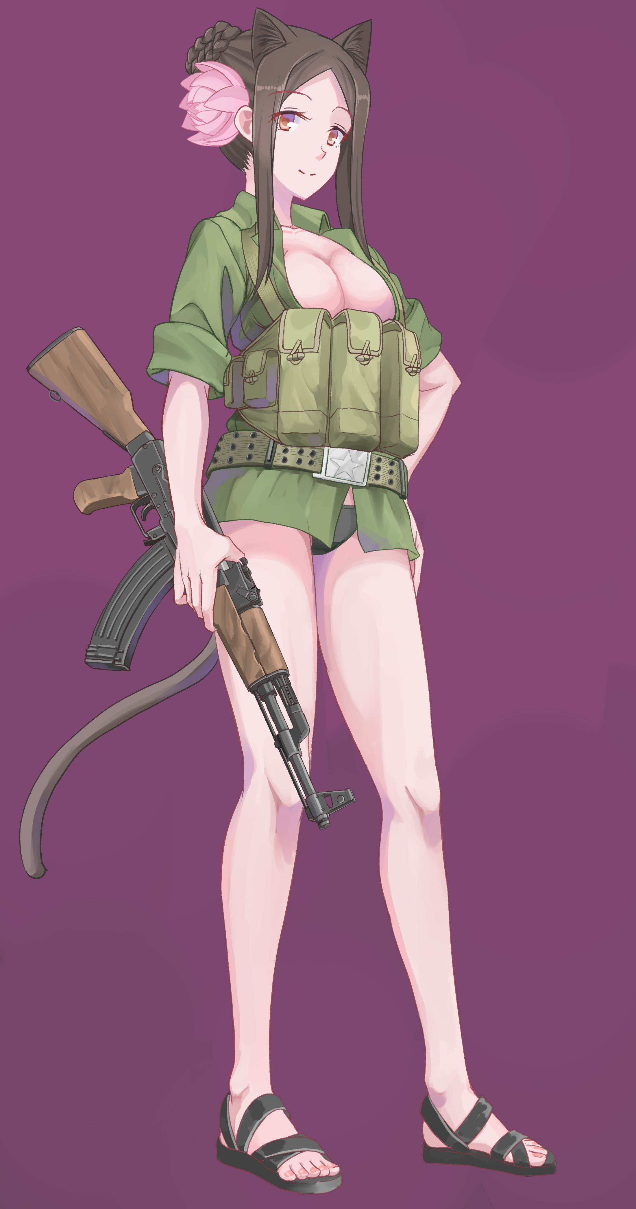 nguyen tam lee, pham thi ran, muv-luv, muv-luv alternative, schwarzesmarken, absurdres, highres, 1girl, ak-47, ammunition pouch, assault rifle, bare legs, belt, belt buckle, black panties, black sandals, breasts, brown eyes, brown hair, buckle, cleavage, flower, green jacket, gun, hair bun, hair flower, hair ornament, holding, holding gun, holding weapon, jacket, kalashnikov rifle, large breasts, load bearing equipment, military combat uniform, military uniform, no pants, open clothes, open jacket, panties, people's army of vietnam, pink flower, pouch, purple background, rifle, sandals, sidelocks, sleeves rolled up, smile, star (symbol), thighs, toeless legwear, underwear, weapon