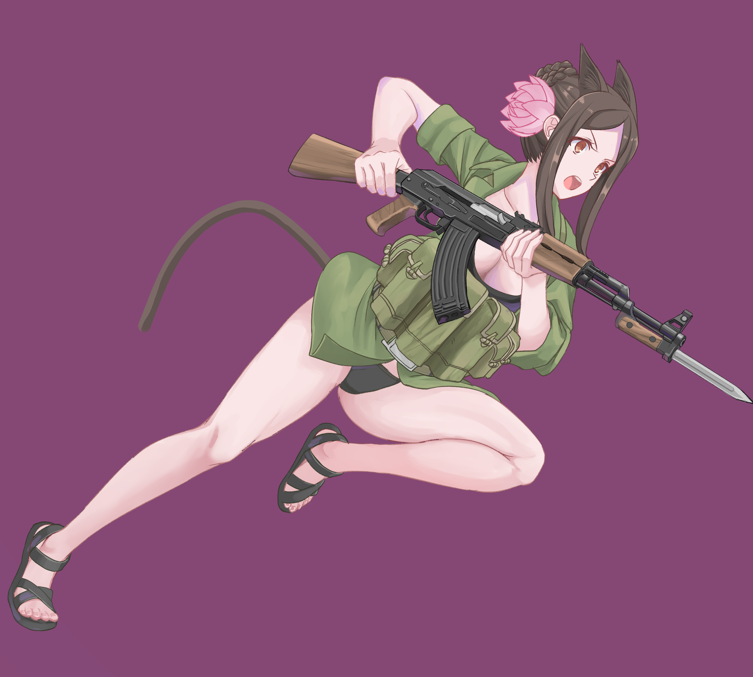 nguyen tam lee, pham thi ran, muv-luv, muv-luv alternative, schwarzesmarken, highres, 1girl, ak-47, ammunition pouch, animal ears, assault rifle, bare legs, bayonet, belt, belt buckle, black bra, black panties, black sandals, bra, brown eyes, brown hair, buckle, cat ears, cat girl, cat tail, flower, green jacket, gun, hair bun, hair flower, hair ornament, holding, holding gun, holding weapon, jacket, kalashnikov rifle, load bearing equipment, military combat uniform, military uniform, no pants, open clothes, open jacket, open mouth, panties, people's army of vietnam, pink flower, pouch, powering up, purple background, rifle, sandals, sidelocks, sleeves rolled up, tail, teeth, underwear, upper teeth only, weapon