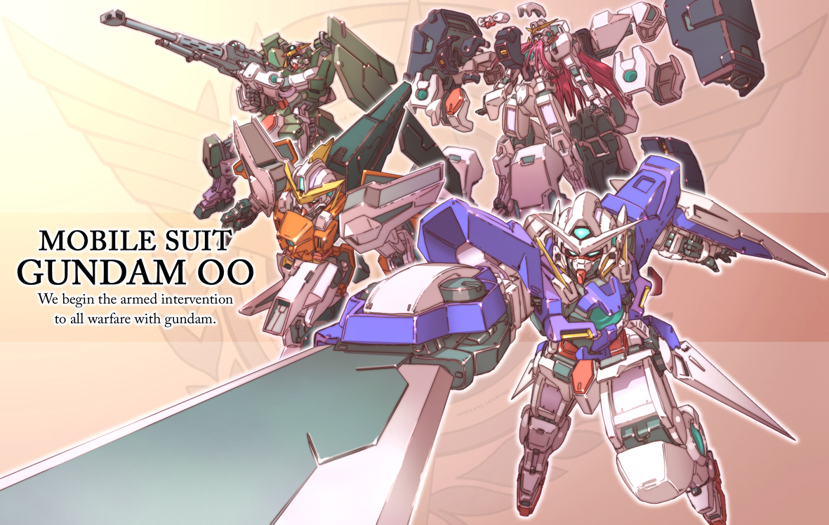yabe makoto, dynames, exia, gundam dynames, gundam exia, gundam kyrios, gundam nadleeh, gundam virtue, kyrios, nadleeh, virtue, gundam, gundam 00, beige background, 00s, armor, cannon, copyright name, emblem, english text, holding, holding sword, holding weapon, huge weapon, long hair, machinery, mecha, no humans, red hair, robot, simple background, sword, very long hair, weapon