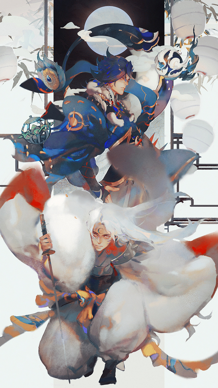 mian lang, sesshoumaru, inuyasha, onmyoji, highres, 2boys, bamboo, fur trim, holding, holding sword, holding weapon, lantern, long hair, moon, multiple boys, standing, sword, weapon, white hair, yellow eyes