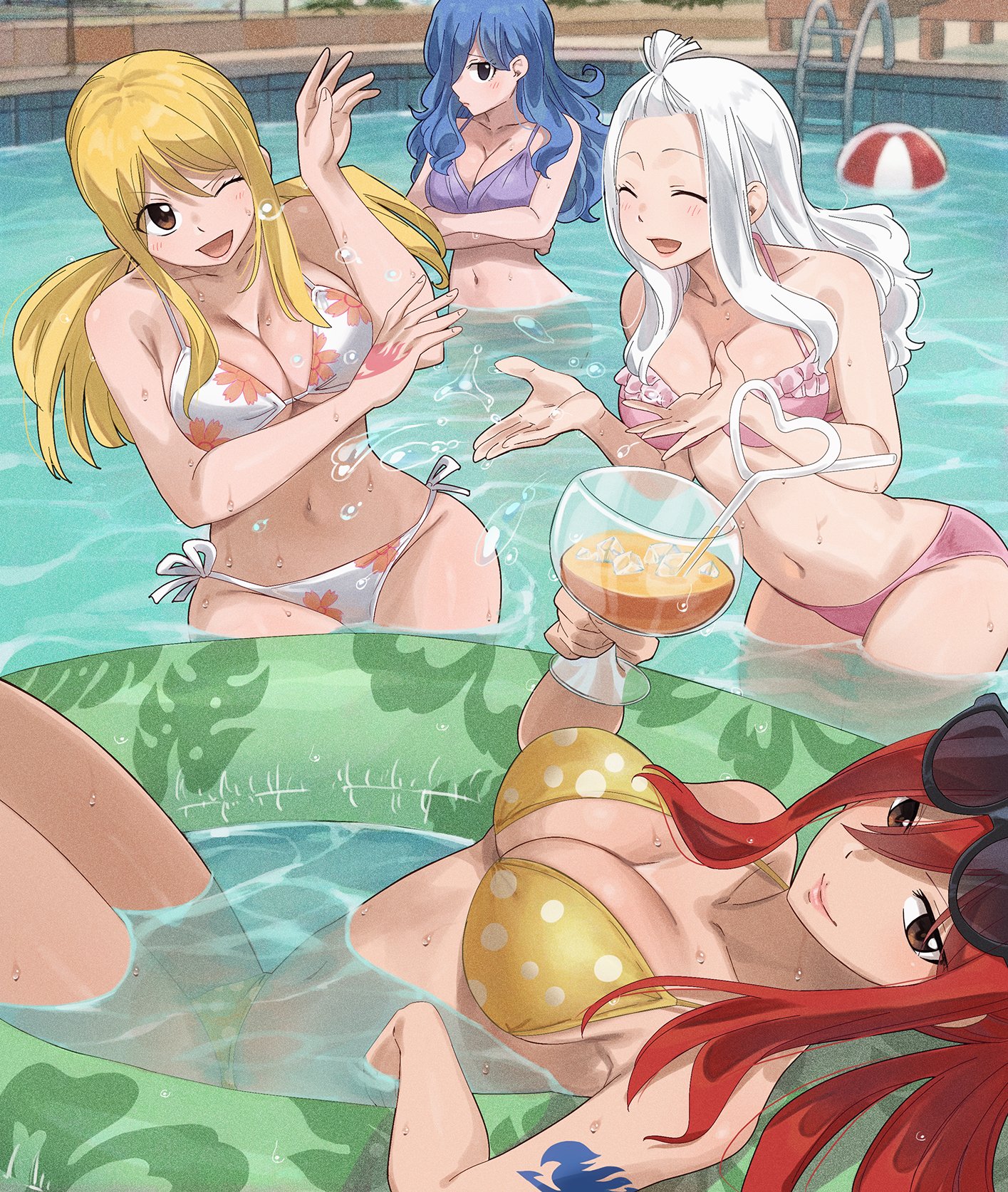 gaston18, erza scarlet, juvia lockser, lucy heartfilia, mirajane strauss, fairy tail, highres, 4girls, arm tattoo, ball, beachball, bikini, blonde hair, blue hair, blue tattoo, breasts, brown eyes, closed eyes, eyewear on head, green innertube, large breasts, long hair, looking at viewer, multiple girls, navel, one eye closed, open mouth, orange bikini, pink bikini, pool, print bikini, purple bikini, sunglasses, swimsuit, tattoo, white bikini