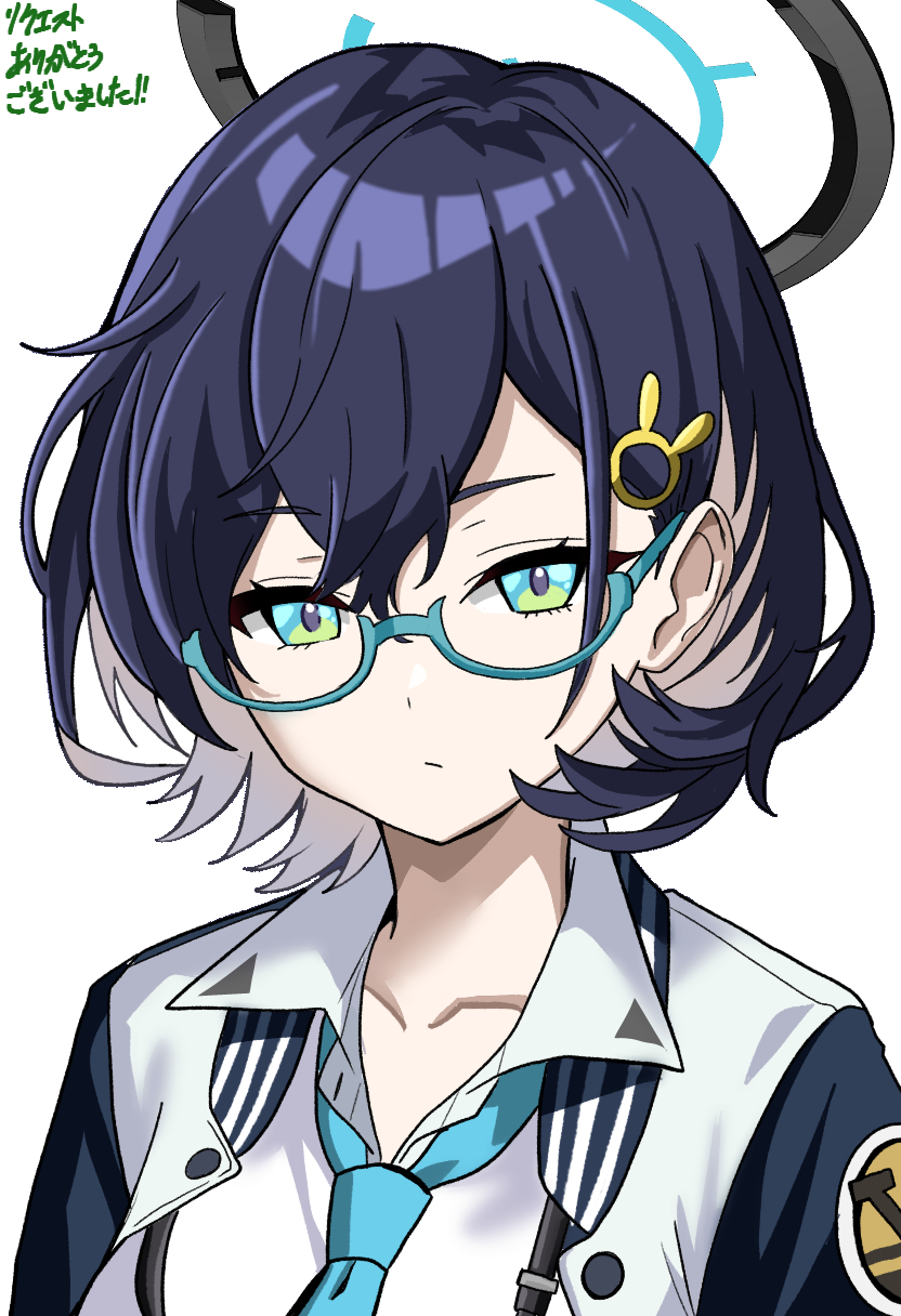 chihiro (blue archive), blue archive, commentary request, commission, highres, pixiv commission, translation request, 1girl, aqua-framed eyewear, black hair, blue necktie, blue sleeves, breasts, closed mouth, collarbone, collared shirt, glasses, green eyes, hair between eyes, hair ornament, halo, jacket, large breasts, looking at viewer, multicolored jacket, necktie, nogawa seroly, open clothes, portrait, rabbit hair ornament, semi-rimless eyewear, shirt, short hair, sidelocks, simple background, solo, two-tone jacket, under-rim eyewear, white background, white jacket, white shirt