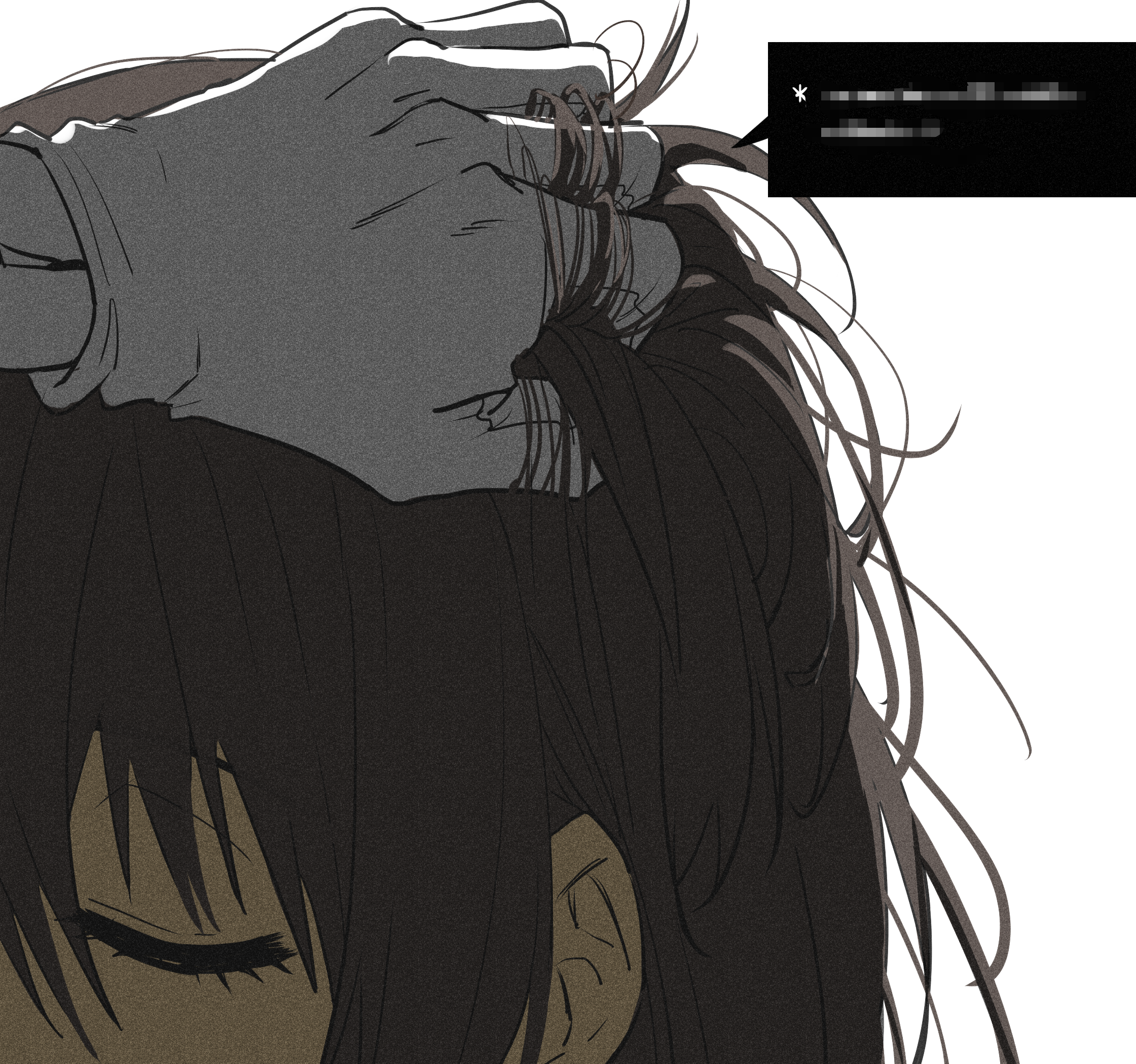 hanbaobaobaozhu, frisk (undertale), sans (undertale), undertale, utdr (toby fox), chinese commentary, commentary request, highres, 1boy, 1other, backlighting, brown hair, censored, censored text, close-up, closed eyes, film grain, gloves, grabbing another's hair, hand in another's hair, hand on another's head, holding another's hair, implied fellatio, messy hair, mosaic censoring, other focus, other with male, out-of-frame censoring, short hair, simple background, solo focus, speech bubble, u u, white background, white gloves