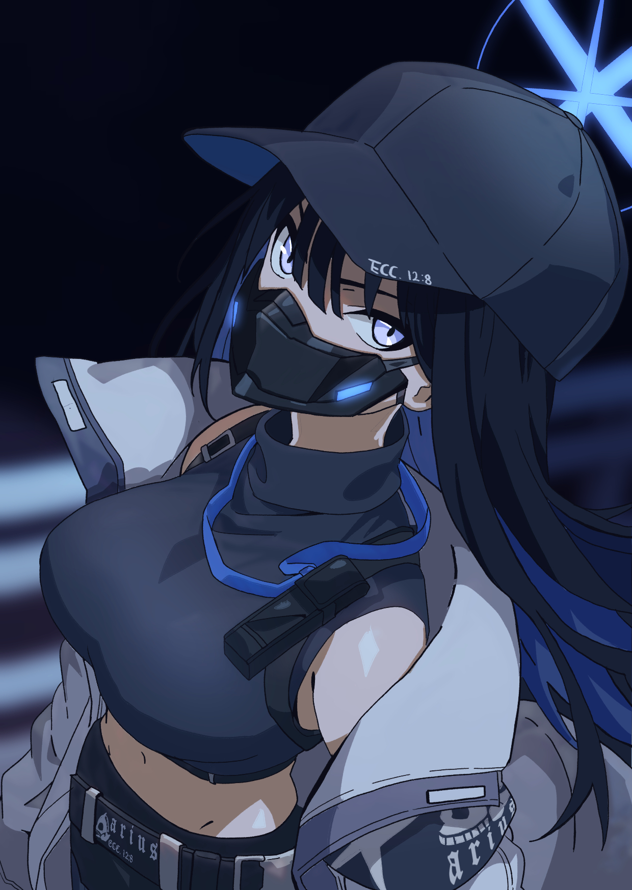 saori (blue archive), blue archive, commentary request, highres, partial commentary, 1girl, armband, bare shoulders, baseball cap, belt, black armband, black background, black belt, black hair, black mask, black pants, black shirt, blue eyes, blue hair, blue halo, breasts, buckle, chest harness, coat, colored inner hair, cowboy shot, crop top, from above, groin, hair between eyes, halo, harness, hat, large breasts, long hair, looking at viewer, mask, midriff, mouth mask, multicolored hair, navel, nogawa seroly, off shoulder, open clothes, open coat, pants, shirt, sleeveless, sleeveless shirt, snap-fit buckle, solo, standing, white coat