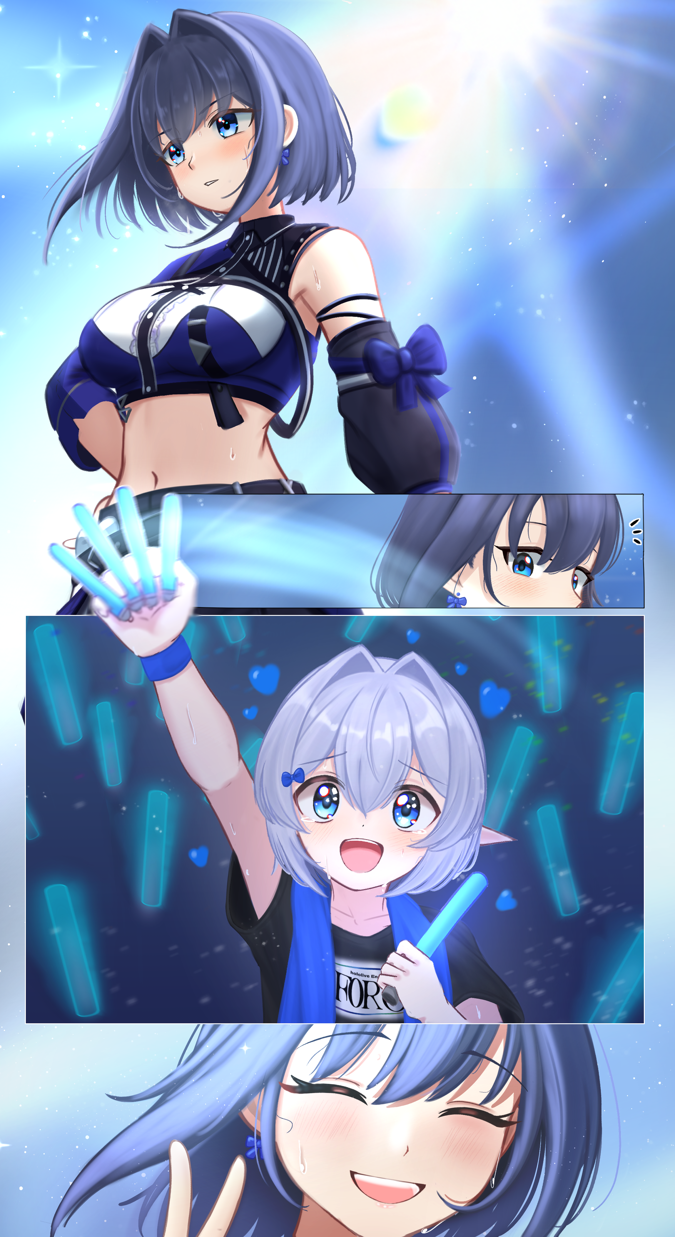 basher, boros (ouro kronii), ouro kronii, hololive, hololive english, absurdres, commentary, english commentary, highres, 1boy, 1girl, :d, ^ ^, bare shoulders, black hair, blue eyes, bow, bow earrings, breasts, closed eyes, detached sleeves, earrings, glowstick, grey hair, hair between eyes, hair intakes, heart, hololive idol uniform (color rise), jewelry, large breasts, midriff, navel, official alternate costume, open mouth, penlight (glowstick), personification, pointy ears, short hair, single detached sleeve, single sleeve, smile, stage lights, virtual youtuber, wristband