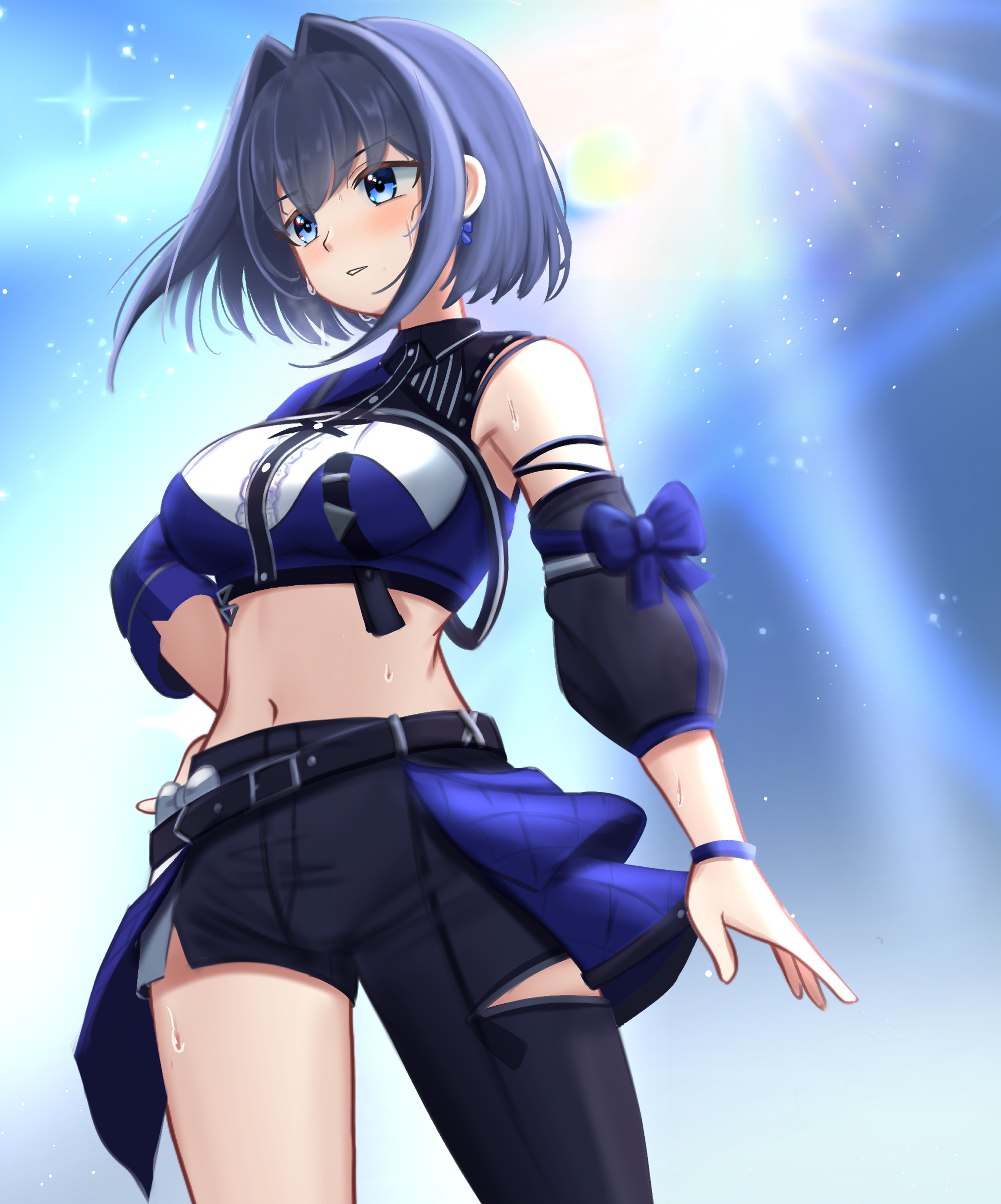 basher, ouro kronii, hololive, hololive english, absurdres, commentary, english commentary, highres, 1girl, asymmetrical clothes, bare shoulders, belt, black hair, black pants, blue eyes, bow, bow earrings, breasts, detached sleeves, earrings, hair intakes, hololive idol uniform (color rise), jewelry, large breasts, midriff, navel, official alternate costume, pants, short hair, single bare leg, single detached sleeve, single pantsleg, single sleeve, stage lights, virtual youtuber, wristband