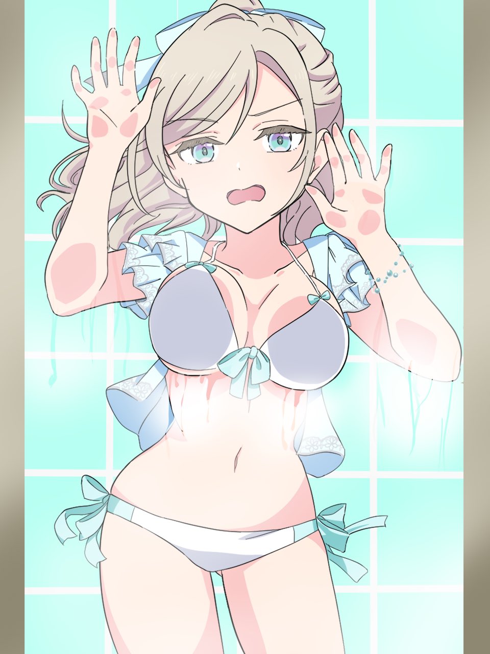 meteor2art, ceras yanagida lilienfeld, link! like! love live!, love live!, commentary, highres, 1girl, against glass, bikini, blue eyes, blue jacket, blue ribbon, breast press, breasts, breasts apart, breasts on glass, ceras yanagida lilienfeld (swimsuit), collarbone, cowboy shot, frilled sleeves, frills, front-tie bikini top, front-tie top, gluteal fold, grey hair, grid background, hair ribbon, hand on glass, jacket, jacket over swimsuit, large breasts, looking at viewer, navel, open clothes, open jacket, open mouth, peanut mouth, ponytail, ribbon, short-sleeved jacket, short sleeves, side-tie bikini bottom, solo, standing, stomach, string bikini, swimsuit, virtual youtuber