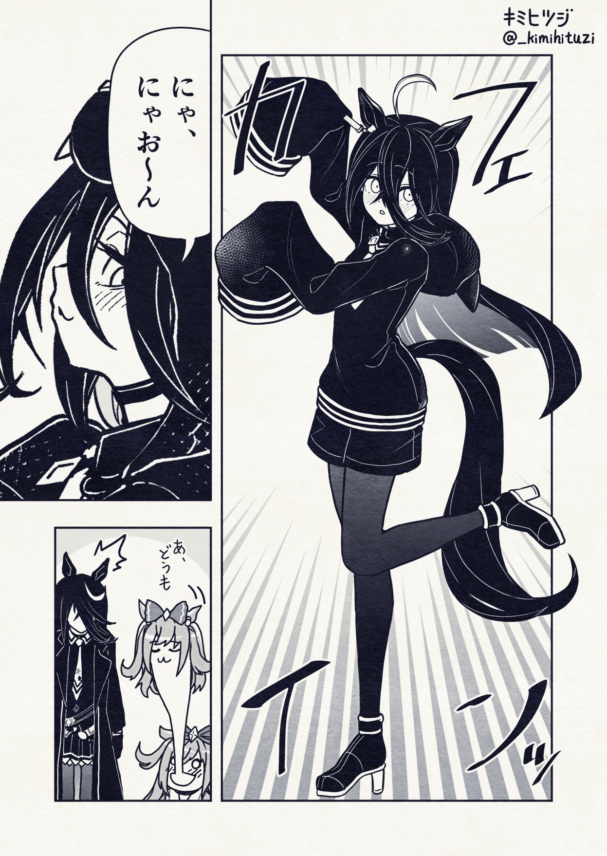 kimihitsuji, agnes digital (umamusume), manhattan cafe (umamusume), umamusume, highres, 2girls, animal ears, ear tag, greyscale, hair between eyes, horse ears, horse girl, horse tail, long hair between eyes, monochrome, multiple girls, pantyhose, school uniform, so moe i'm gonna die!, tail, tracen school uniform