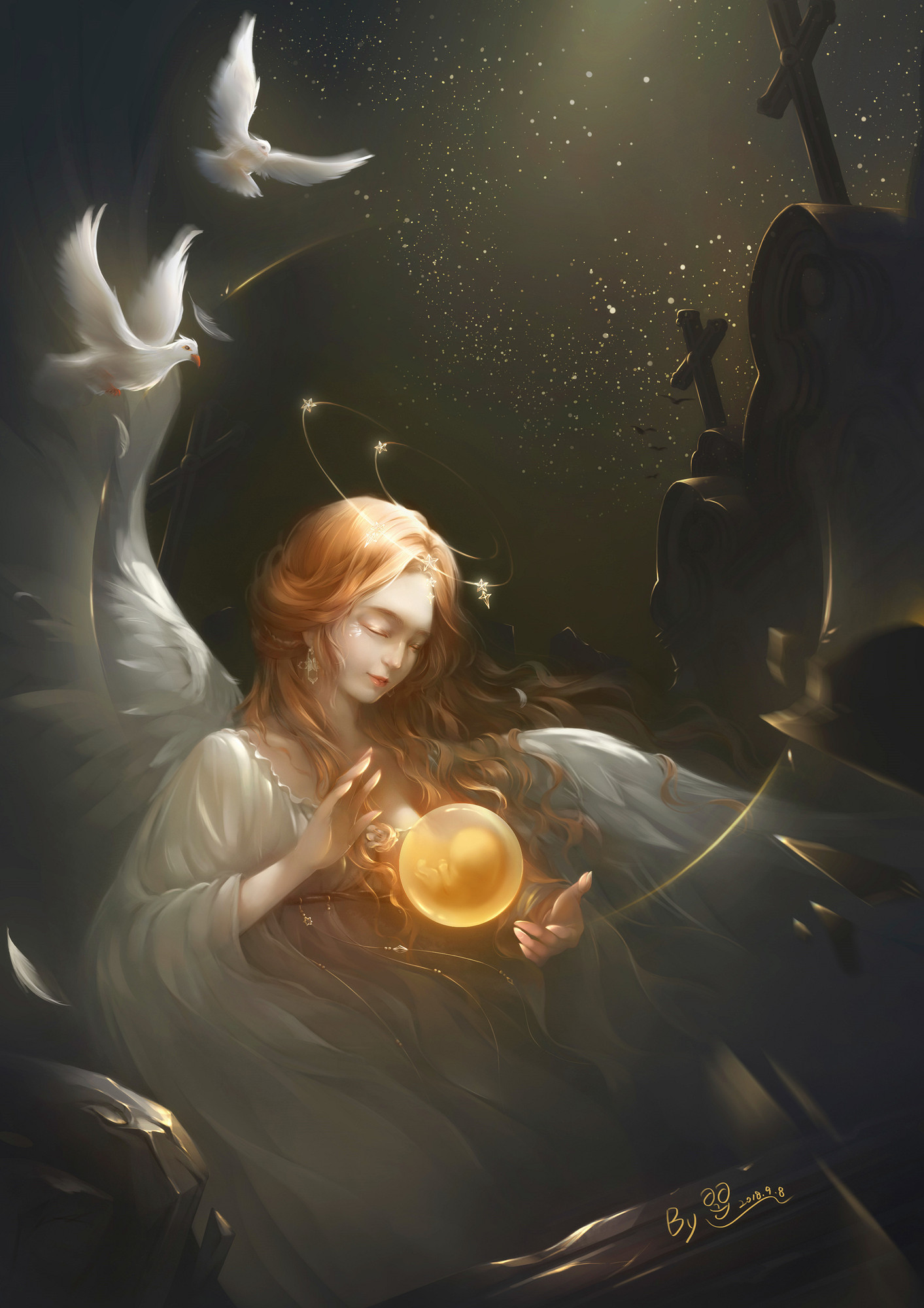 by yi, miracle nikki, nikki (series), character request, check character, chinese commentary, commentary request, highres, 1girl, angel, angel wings, bird, black sky, closed eyes, cross, dove, dress, feathered wings, glowing, graveyard, heart of feathered thread (miracle nikki), long sleeves, night, night sky, object floating above hand, orb, outdoors, realistic, signature, sky, solo, star (sky), starry sky, tombstone, upper body, white dress, white wings, wide sleeves, wings