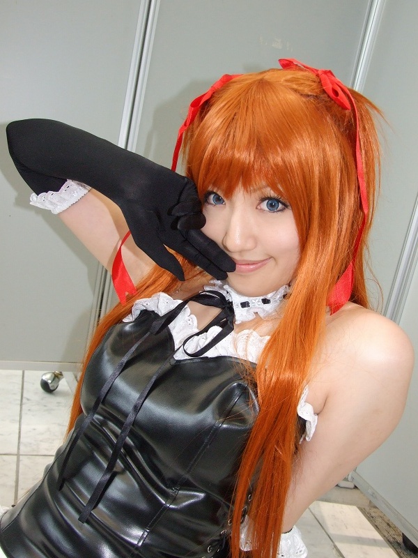 saya (cosplayer), neon genesis evangelion, photo (medium), 1girl, bustier, cosplay, dress, elbow gloves, frills, gloves, hair ribbon, lingerie, ribbon, souryuu asuka langley (cosplay), twintails, underwear