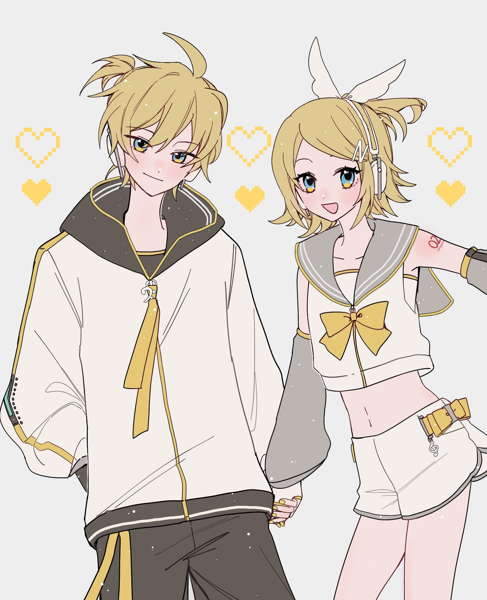 bz hiru, kagamine len, kagamine rin, piapro studio, vocaloid, highres, 1boy, 1girl, adapted costume, ahoge, bare shoulders, belt, black pants, black sailor collar, blonde hair, blue eyes, blush, bow, bowtie, contrapposto, cowboy shot, crop top, detached sleeves, grey shorts, grey sleeves, hair bow, hair ornament, hairclip, hand in pocket, headphones, heart, holding hands, hood, jacket, kagamine len (nt), kagamine rin (nt), looking at viewer, midriff, nail polish, navel, neckerchief, necktie, number tattoo, open mouth, pants, ponytail, sailor collar, see-through clothes, see-through sleeves, shirt, short hair, short ponytail, short shorts, shorts, shoulder tattoo, siblings, sleeveless, sleeveless shirt, smile, standing, swept bangs, tattoo, treble clef, white background, white bow, white shirt, white shorts, yellow bow, yellow nails, yellow neckerchief, yellow necktie, zipper